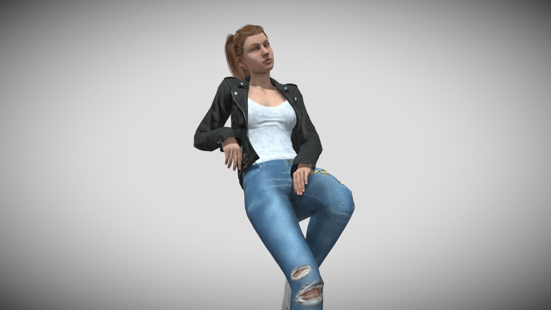 Female character sitting. Dressed in jeans, leather jacket and white basic - Female sitting - Buy Royalty Free 3D model by Sets & Kits (@Setsandkits) 3d model