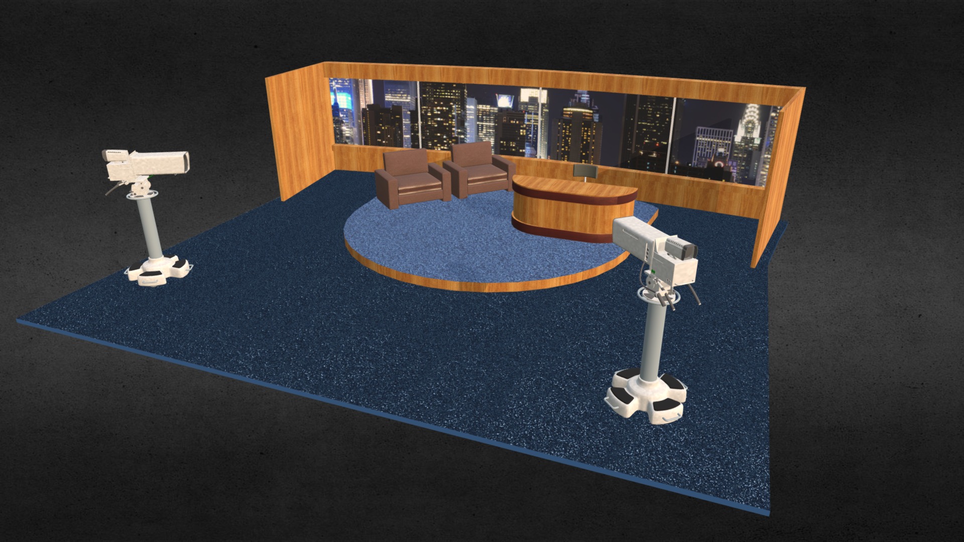 This is a typical late night TV show set. Your host or hostess can sit behind the desk and interview the guests sitting in the chairs. A sidekick or second guest can sit in the other chair. Two cameras can record or broadcast the interviews.


Detailed model, with 86,763 polygons.
Made with 3 and 4-point polygons.
Includes group information, which your software should interpret as separate parts: All 3 chairs, desk, and 2 cameras
The model is UV mapped.
One color scheme with all the texture maps shown.
You'll have to apply your own metal and glass shaders.
 - Late Night TV Show Set - Buy Royalty Free 3D model by JohnHoagland 3d model