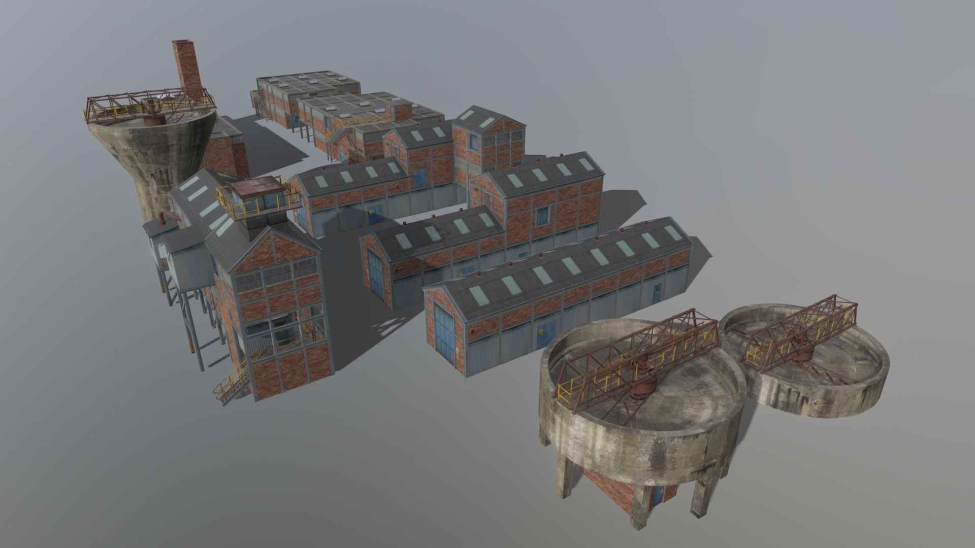 A set of processing buildings for a mining works. They were designed for viewing at a distance for background scenery, RTS games, aerial views, etc. All meshes share a single 4096x4096 texture set and have reasonably low tri/vert counts for realtime use. 

10 buildings are included -  3 screen/processing buildings, wash house, 3 wash tanks, 2 garages, bath house/lockers.

There is a full collection including sets of other mining buildings 3d model