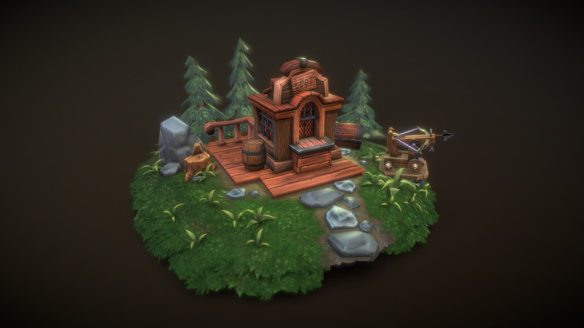 Made for fun and self-educ. All objects  was unwraped &amp;textures as separate UV,after that combined in second UV channel to union atlas.After that rebaked from UV1 to UV2.
textures:
2K diffuse atlas with  alpha
1K specular atlas

https://www.artstation.com/artwork/9PalO - Loot house - 3D model by artrynk 3d model