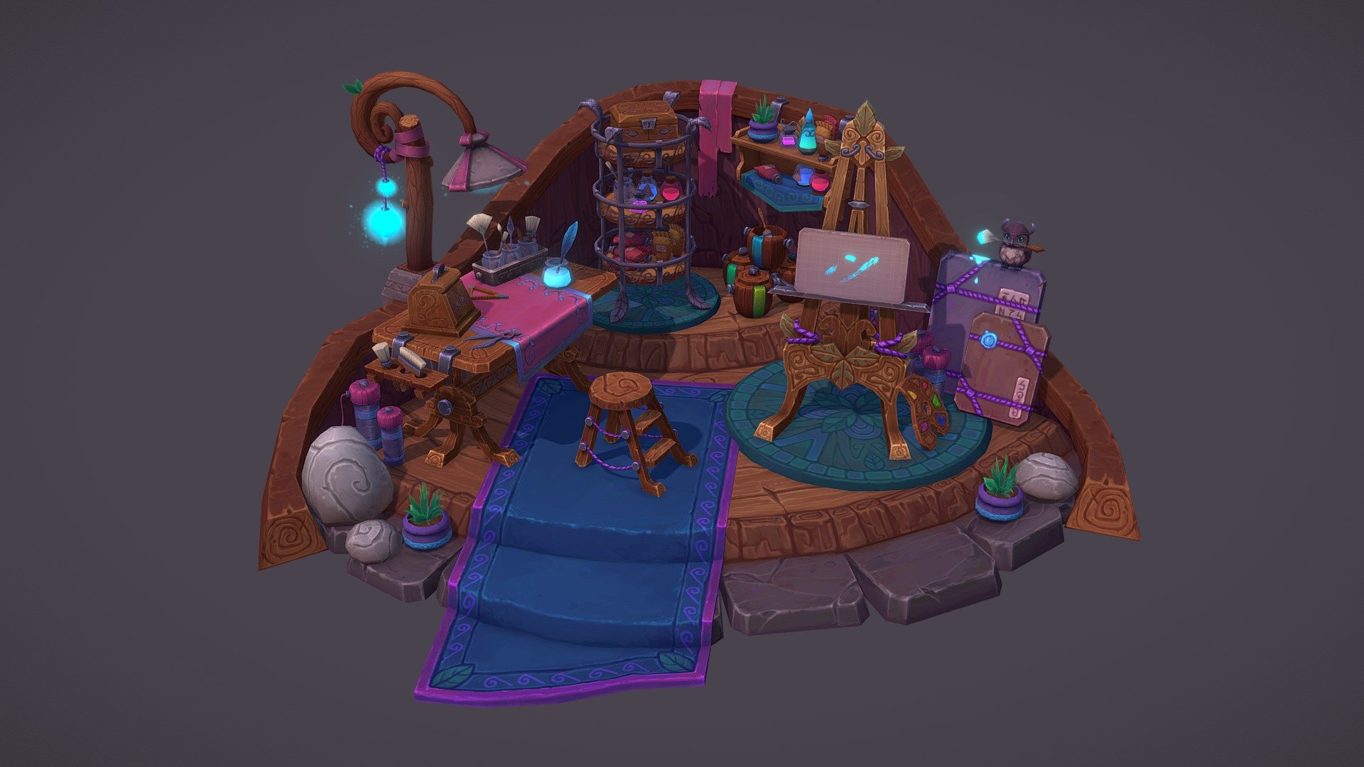 The props in this small diorama are inspired by the World of Warcraft night elf race. I really enjoyed the idea of a night elf art room and had a lot of fun creating all those various painting &amp; writing props that fill it 🖌

You can look here for more details &amp; concept art of this piece:
https://www.artstation.com/artwork/L2055R

Modeling, UV mapping &amp; animation are done in Maya, the textures are hand painted in 3DCoat &amp; Photoshop 3d model