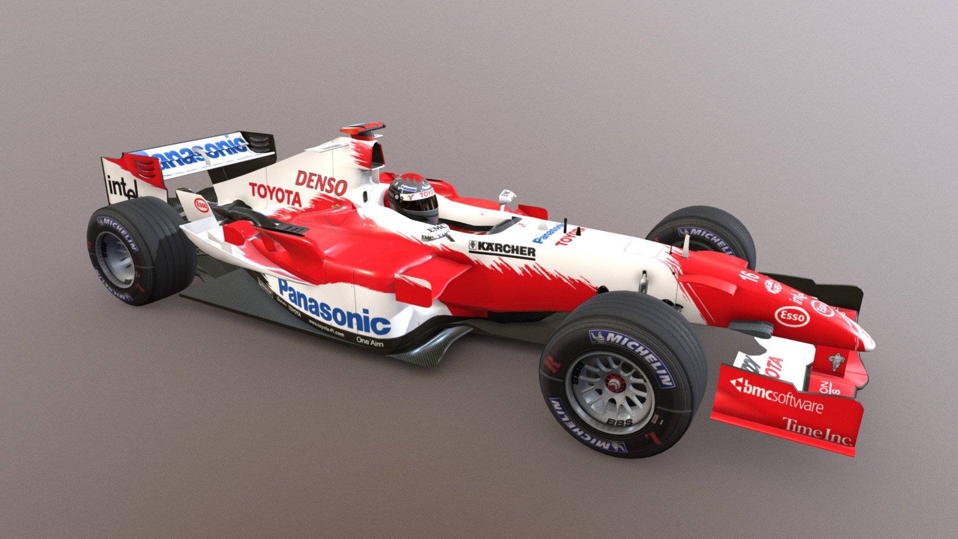 Carmodel of the 2004 Toyota F1 car as created for the CTDP 2005 mod for rFactor. This car created in late 2004 and was a hot potatoe as nobody in the team wanted to do it. It passed hands a few times between modelers Neidryder, and Alless. Painting started by Enzo and KJ, but was finished by Dahie who subsequently also painted the 2005 Toyota right after 3d model