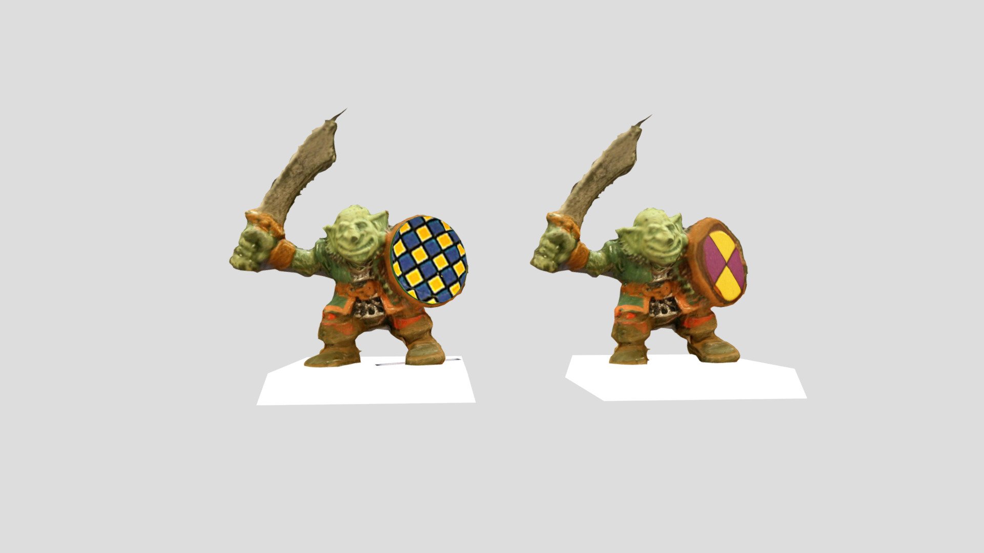 A Goblin from Battle Masters which has been converted to be played on HeroQuest.
The bases are separate objects and can be coloured their own colours.

Photograhpy and photogrammetry done myself, Chad &ldquo;Duke Blitzein