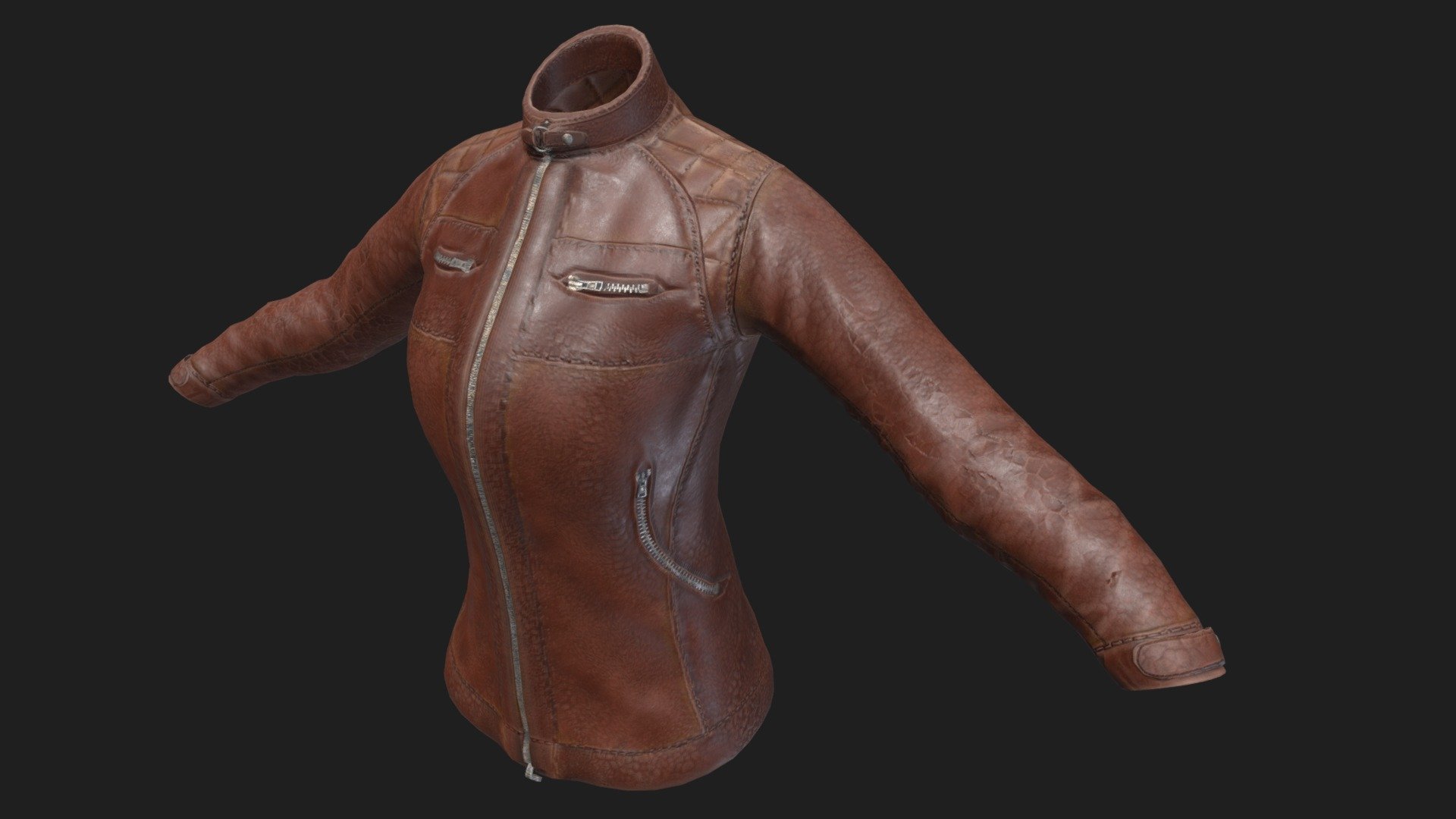 A women's leather biking jacket, zipped, and lightly worn 3d model