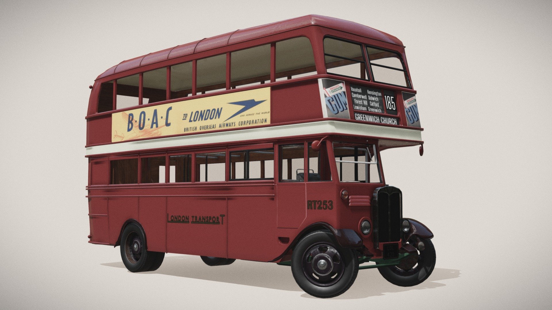 A 1930s London AEC Regent look-alike bus model, under 100k tris. Textures easily editable, great as a background prop or you can rig it and use it in interactive or animation projects. Made in Blender, textures made in Sketchbook Pro 3d model