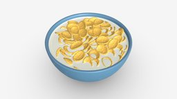 Bowl with Cornflakes 01 food, kids, bowl, cereal, breakfast, meal, snack, fiber, sweet, corn, loops, flakes, nutrition, cheerios, crunchy, cornflakes, 3d, pbr, rings