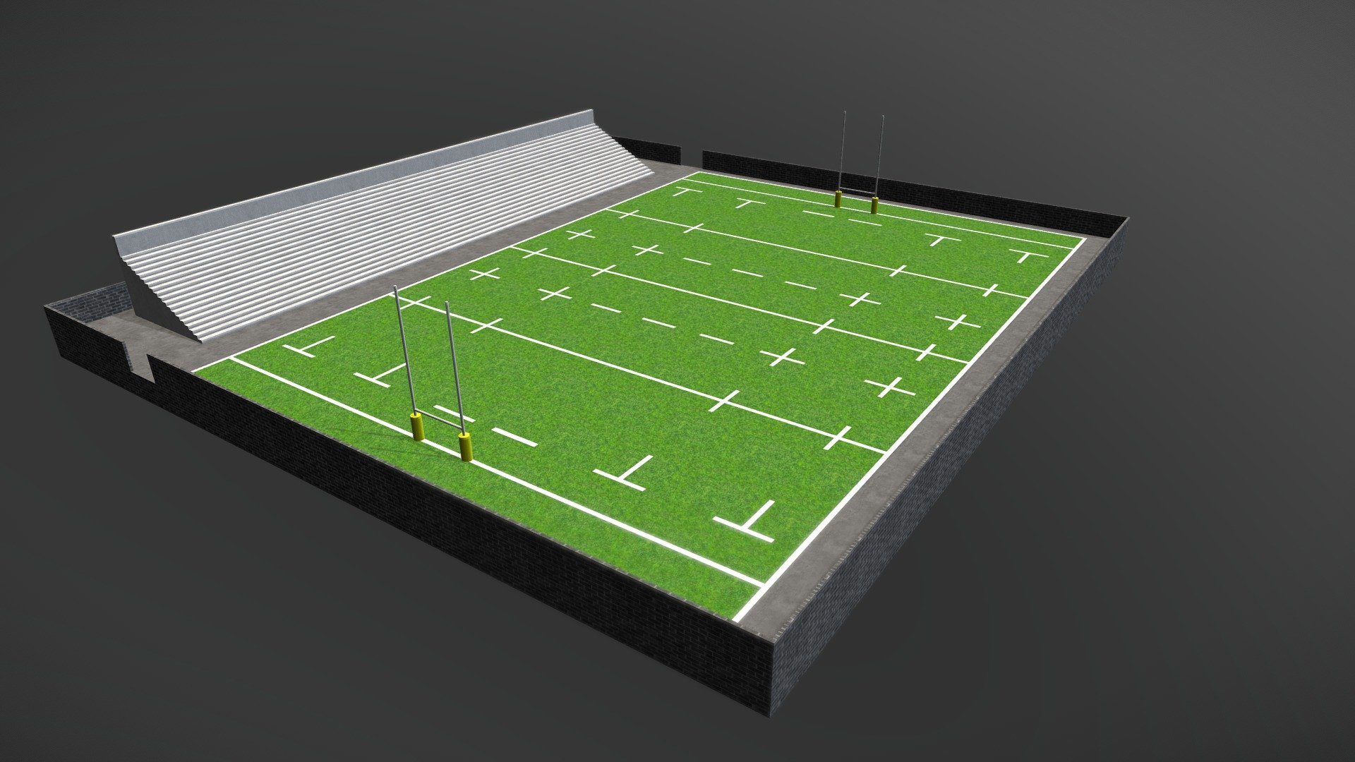 A rugby field I originally made for the game  Cities: Skylines, but as I lack knowledge on how to import it into the game, I thought I'd put it out here instead. It's 96x104 metres (12x13 in-game tiles), and is made 1:1 relative to the official rugby field measurements 3d model