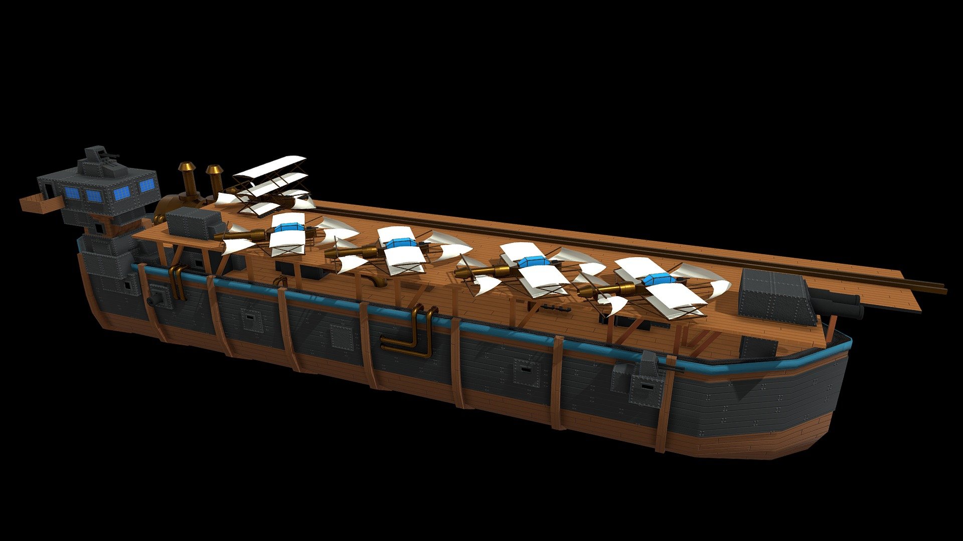 pre-1900s stylized glider carrier

-carrier ship with 4 attack gliders and one bomber glider 

-this is part of a collection of ships https://skfb.ly/oHOAO - War Ship Carrier - Buy Royalty Free 3D model by Randall_3D 3d model