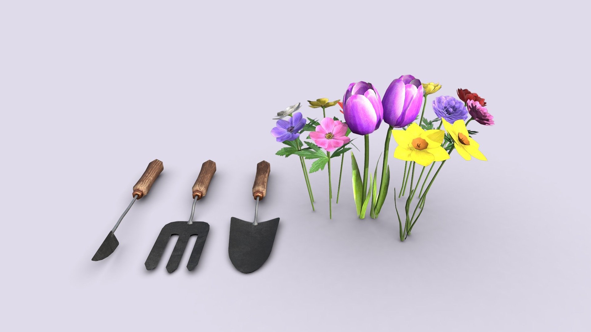 Gardening flowers and tools pack – low poly and game ready. Individual models also available in our store 3d model