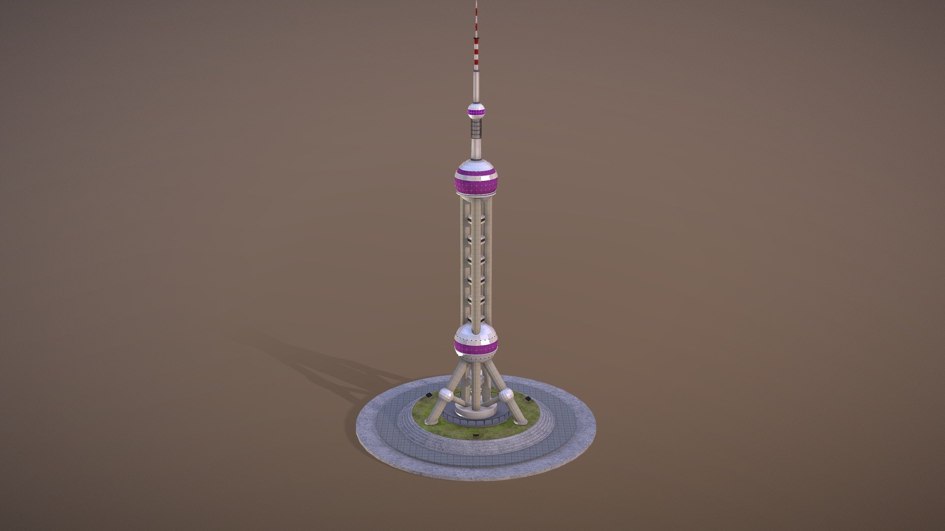 Famous Shanghai landmark, Oriental Pearl Tower.


Low poly version. Only 22.000 polygons! (14.000 vertex)
Made in 3D Studio Max 2018 + Vray. Also available in Max 2016 (Saved as downgrade version)
Available in multiple formats: Stl, Obj, Fbx, 3ds, Abc, C4d. (Exported formats may vary slightly depending on your software)
All objects named in english
UPDATE! New version uploaded on January 2020. 
Fixes:
Better mesh topology and texture
3DS Max and C4D version, now have &ldquo;Night Lighting