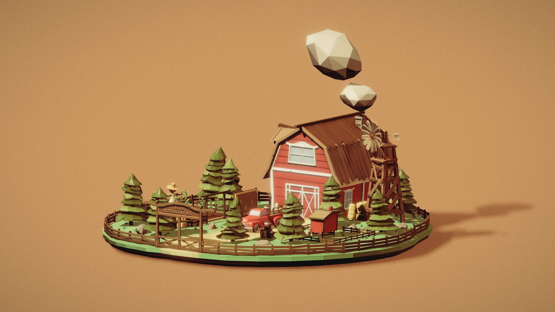 Low Poly stylized model of Farm - Blueberry Hill! Another attempt to create a retro atmosphere, but this time in a different form.. Okay, okay, this is the last time.. Probably) Model made in blender 2.9 3d model