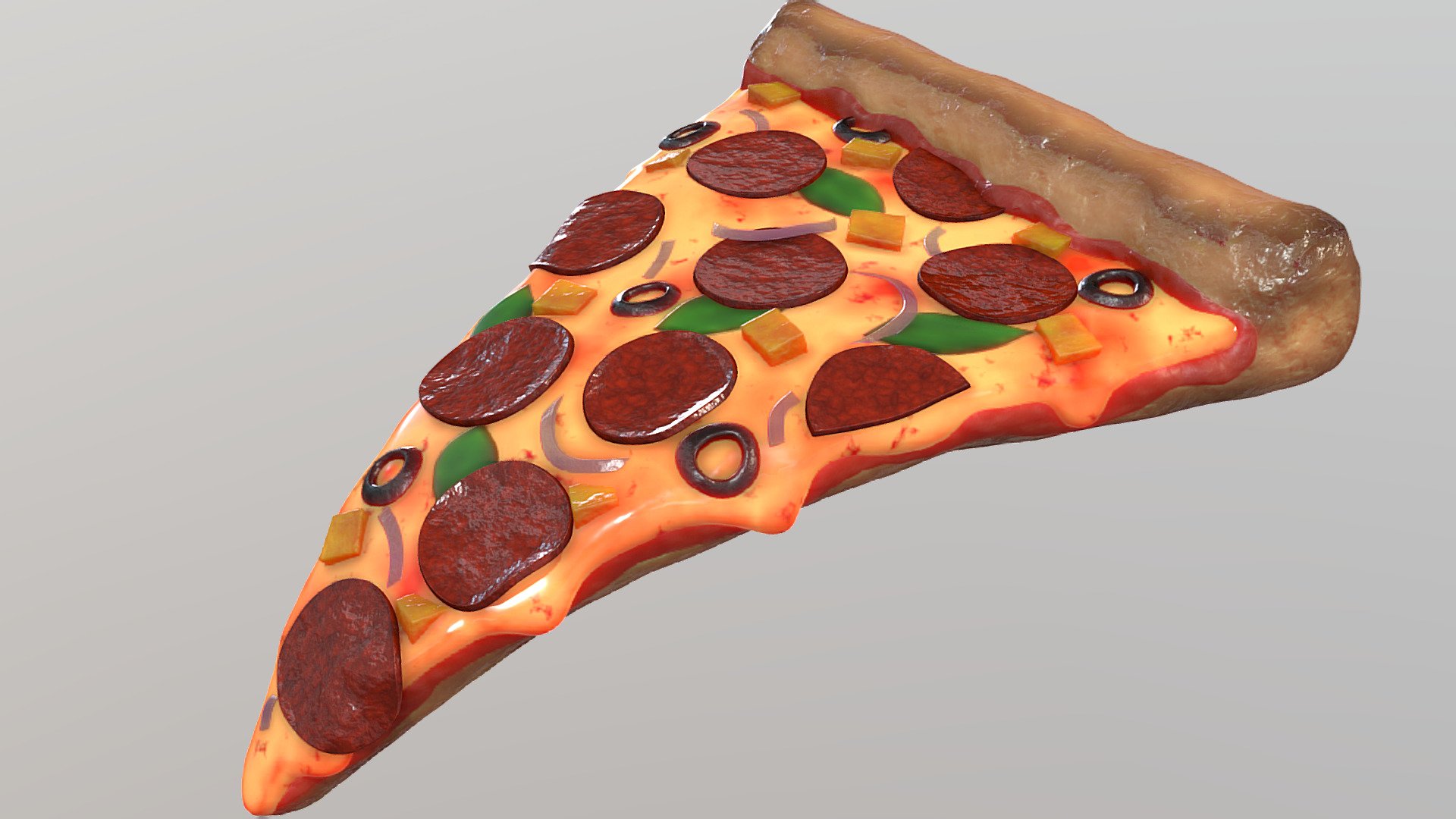 Pizza Slice, created with Blender. This is the tutorial result of my Pizza Slice Blender Tutorial Series.
Watch the tutorial here:  https://youtu.be/ibci0no9IME

When pucrchased, you will get a zip file, containing two folders. One folder has the original project files, and the other folder has the Sketchfab version. The version created for Sketchfab has baked textures, and the sculpted objects have lower topology.

Contents when purchased:


Pizza Blender File
All baked texture maps
HDRI Lighting
Basil Texture
Final Render
Pizza FBX File
 - Pizza Slice 🍕 - Buy Royalty Free 3D model by Ryan King Art (@ryankingart) 3d model