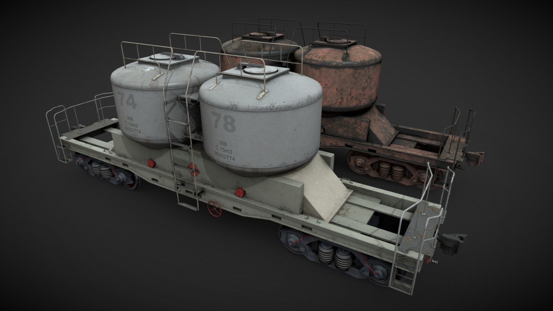 Railway car for industrial visualizations. 

PBR textures and materials. 

Regular painted and heavy rusted. 

Non overlapped UVs in a secondary UV channel. 
 - Railway car - Buy Royalty Free 3D model by maxpsr 3d model
