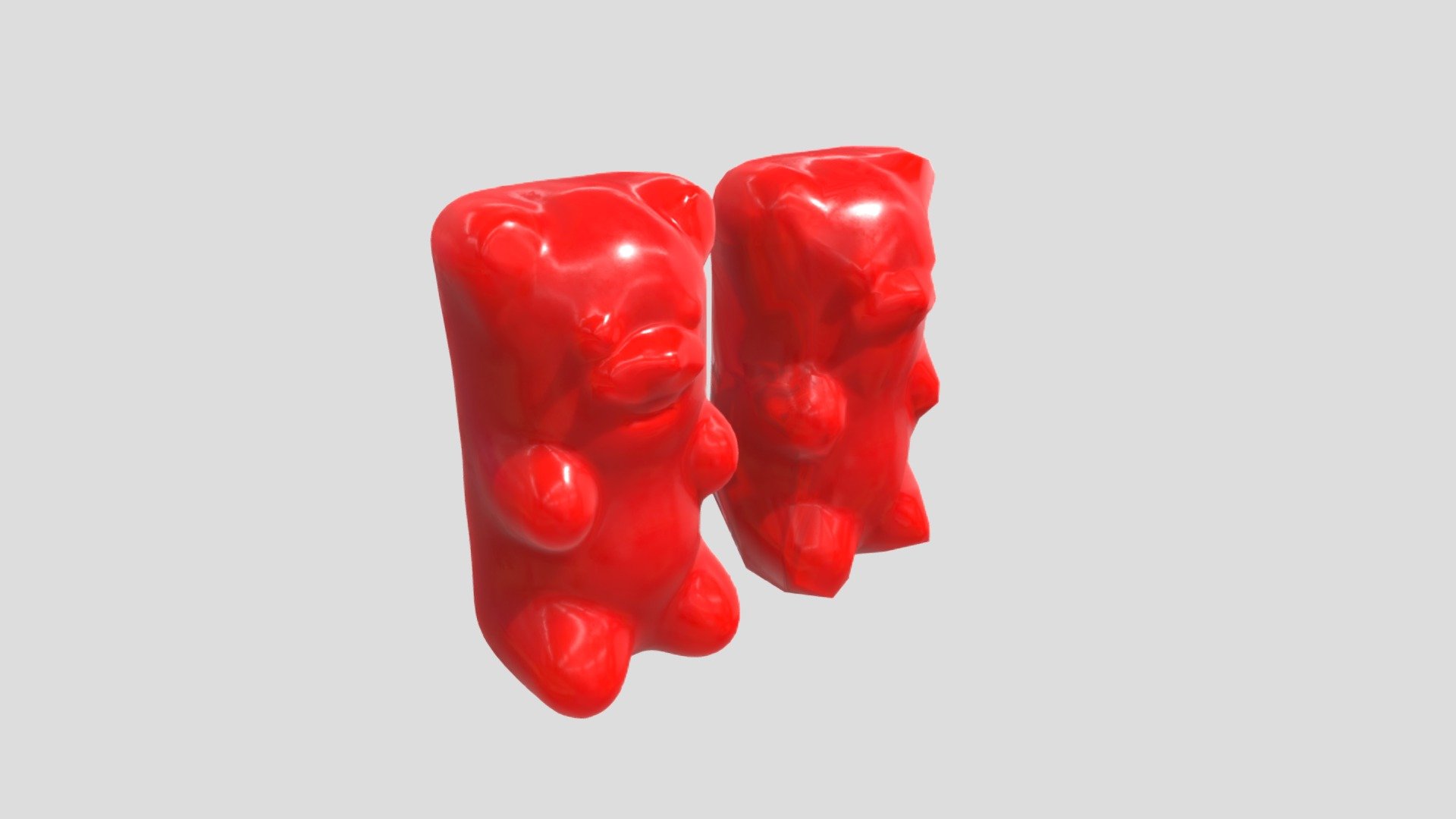 This Gummy Bear comes with a highpoly and lowpoly version perfect for any use case like sims, film, games, etc. The meshes are viewable from all distances and angles. For best texture results add subsurface scattering and transmission.

This Includes:

The mesh (Highpoly 5,743 Vertices, Lowpoly 280 Vertices)
4K and 2K Texture Set (Albedo, Roughness, Normal, Height)
The mesh is UV Unwrapped for easy retexturing 3d model