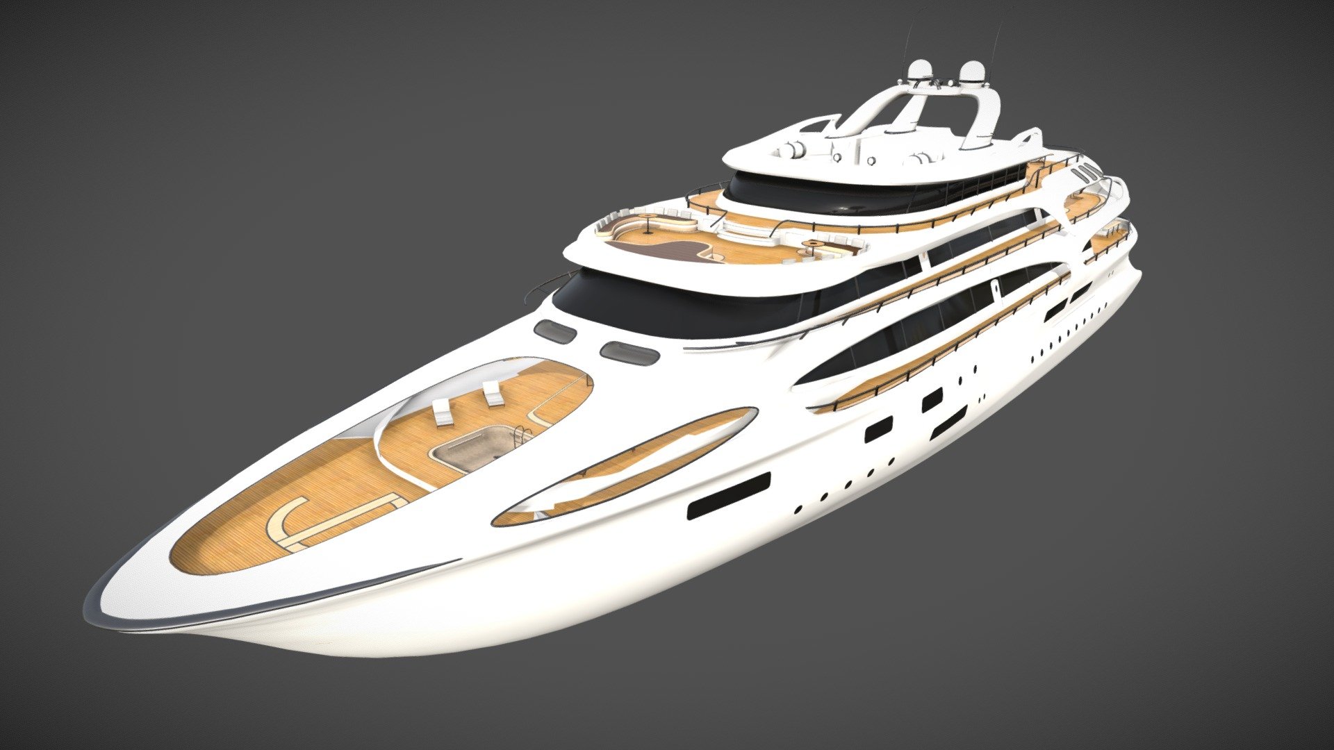 I fully designed this Yacht as an exercice of design. This model has nothing to do with any design team. The UV are developed, the Yacht is accountable with any game engine or other 3D software. The interior of the yacht is hardly modelled at all

Designed on Cinema 4D Animated with Xpresso, 50m long, 4 deck.

Animation : -The doors on the sides can be opened

Creating a design from scratch takes way more time than reproducing an existing one. This is why prices are a bit higher than some other products. The advantage is that my designs are royalty free, that means you can use it in any support 3d model