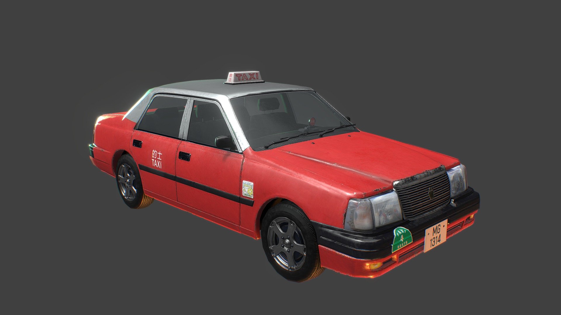 Version 1.0 of my Taxi 3D model,
created with Blender, Maya, Substance painter and photoshop

high poly model : 330 +k verts
low poly with normal map: 48k verts
4 UV shells with 2k PBR maps

more info on Artstation here.

Targets on Next version:
1. Further reduce poly counts on wheels and main body
2. Improve texture on glass and car lights
3. Include more component like mud flaps, rear view mirror, car boots, engine and chassis bottom - PBR Hong Kong Taxi 的士 Toyota Comfort - 3D model by twitte_king 3d model