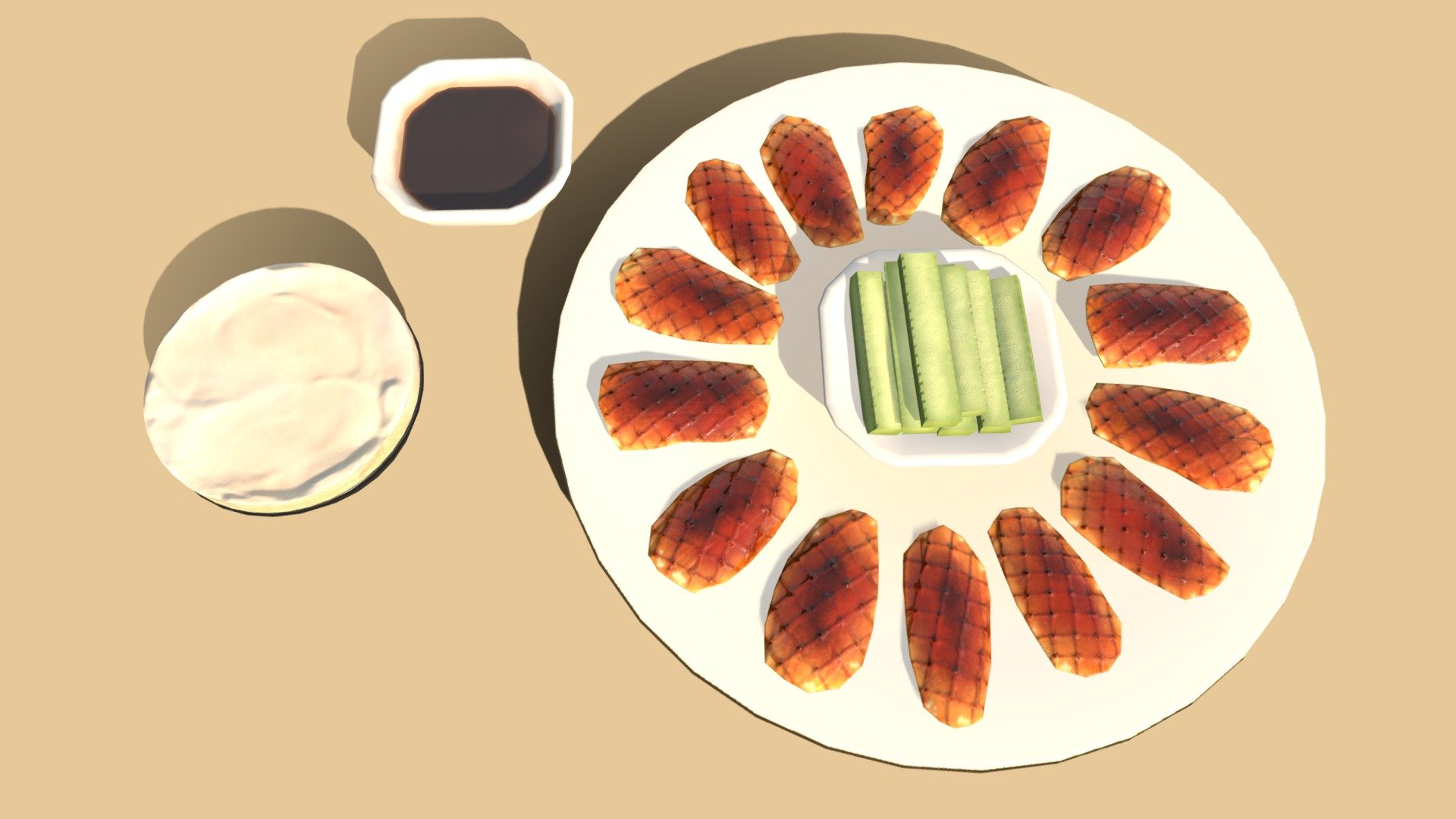 Hi~ It is a Asia food_Peking duck

It has 1732 Polys and 1722 Vertex.
It can be used in game,VR,AR,CG. 

It have 5 textures(PBR)

2048*2048 size

BaseColor1
Ao1
Metallic1
Normal1
Roughness*1

I hope you like it~

Thank you.If you have any question , please tell me 3d model
