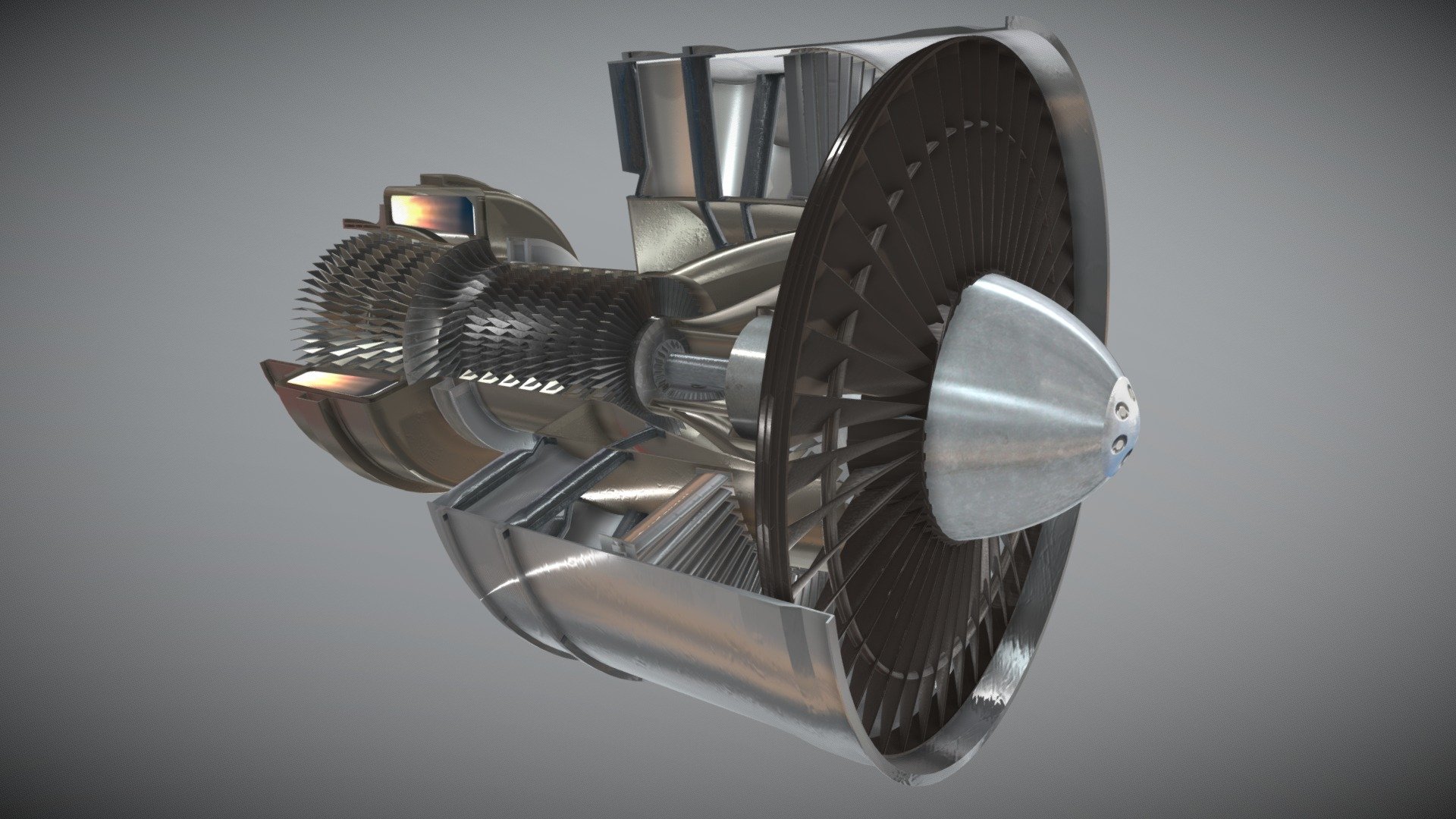 A cutaway of a simplified Honeywell ALF502/LF507 turbofan engine from a BAe Avro RJ.

Published in 3dsmax 3d model