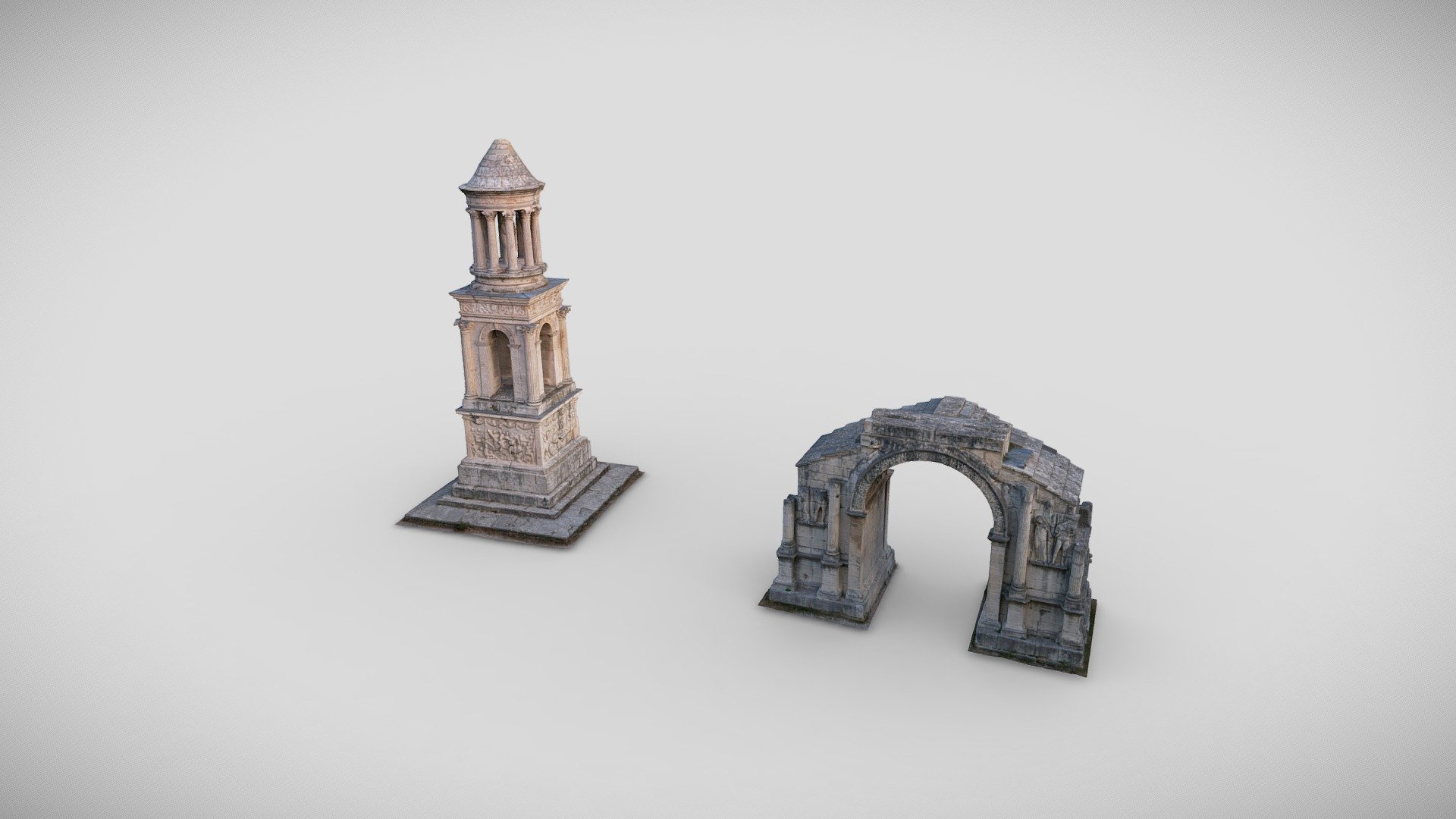Numérisation 3D par scanner longue distance et photogrammétrie terrestre et par drone du site archéologique de Glanum géré par le Centre des Monuments Nationaux.
Zone des Antiques, mausolée et arc de triomphe.
Modèle 3D optimisé pour visualisation en ligne.
Ce projet s'inscrit dans le cadre d'un mécénat de compétences entre la société IMA Solutions Sarl et le Centre des Monuments Nationaux 3d model