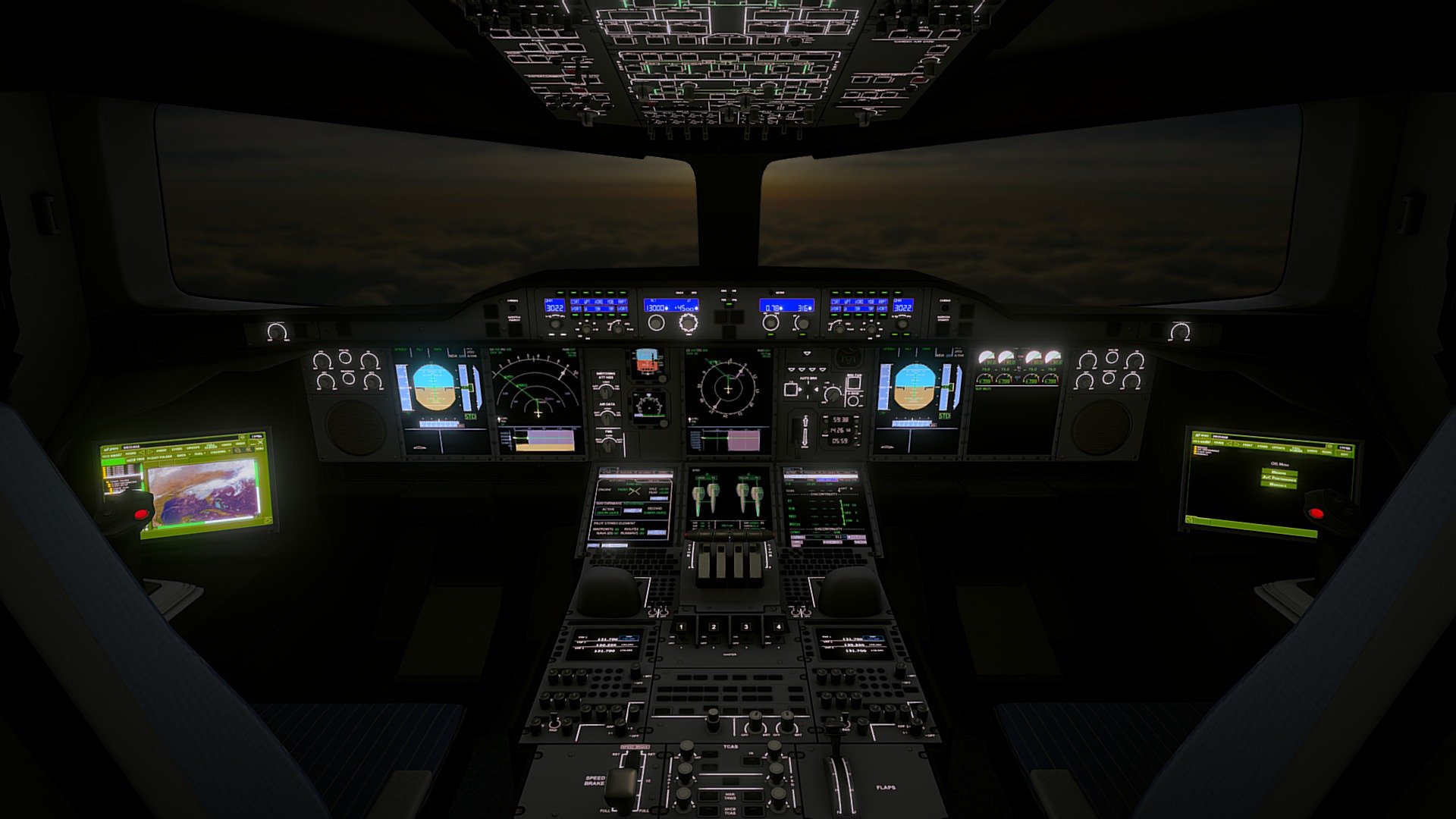 just for demo purposes to show the emission maps included within the asset

this night flight scenario uses almost the same shaders setup as the day flight scenario

the game ready asset is available for purchase here: https://skfb.ly/oDXpK
 - Airbus A380 Cockpit Flight Deck - Night Flight - 3D model by CGAmp 3d model