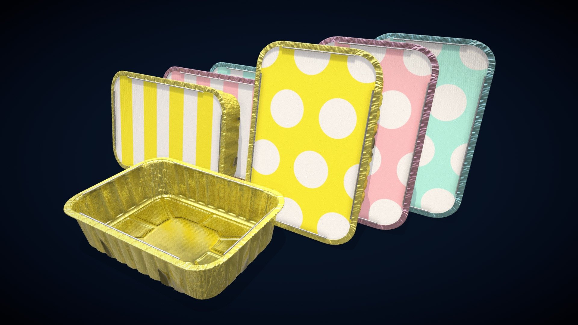 This is a 3D model of Colored Aluminum foil trays




Made in Blender 3.x (PBR Materials) and Rendering Cycles.

Main rendering made in Blender 3.x + Cycles using some HDR Environment Textures Images for lighting which is NOT provided in the package!

What does this package include?




3D Modeling of Aluminum foil trays

2K and 4K Textures (Base Color, Normal Map, Metallic ,Roughness, Ambient Occlusion)

Important notes




File format included - (Blend, FBX, OBJ, GLB)

Texture size - 2K and 4K

Uvs non - overlapping

Polygon: Low Poly

Centered at 0,0,0

In some formats may be needed to reassign textures and add HDR Environment Textures Images for lighting.

Not lights include

Renders preview have not post processing

No special plugin needed to open the scene.

If you like my work, please leave your comment and like, it helps me a lot to create new content. If you have any questions or changes about colors or another thing, you can contact me at we3domodel@gmail.com - Colored Aluminum foil trays - Buy Royalty Free 3D model by We3Do (@we3DoModel) 3d model