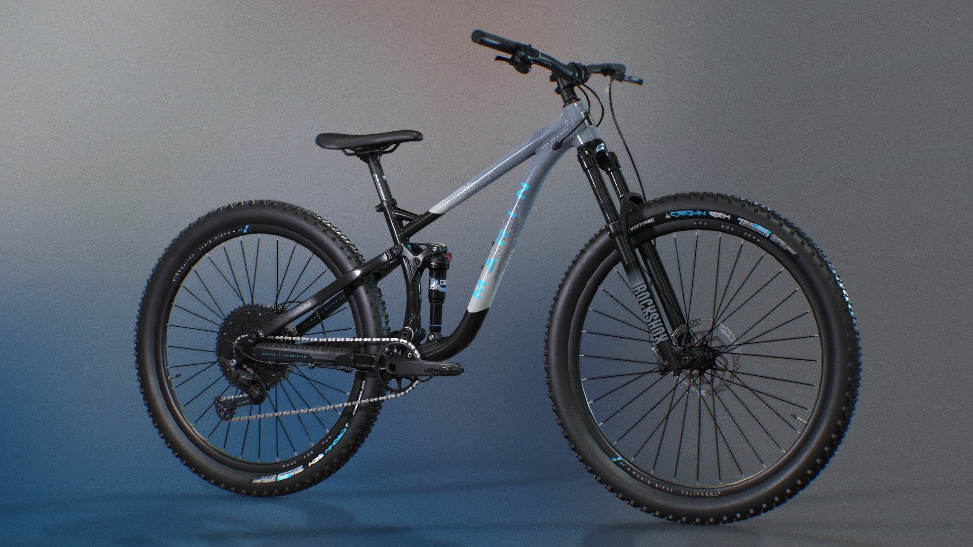 This is my 3d model of Marin mountain bike  ready for using as full suspension trail enduro bikes. It is can be used as a MTB for downhill, enduro, trail, crosscountry in sports racing games and many other product rendering scenes.

This entire bikes consists of many high quality products including MTB full suspension frame, air shock,brake callipers,wheel-sets, disc rotors, front suspension fork, seatpost, handlebars with headset-stem,spacers,brake levers,shifters,grip,drivetrain,pedals,etc all in one single pack.

This 3dmodel is rigged and functions like a real accurate linkage driven mechanism.

This model is created in 3dsMax and textured in Substance Painter.

This model is made in real proportions.

High quality of PBR texture maps are available to download 3d model
