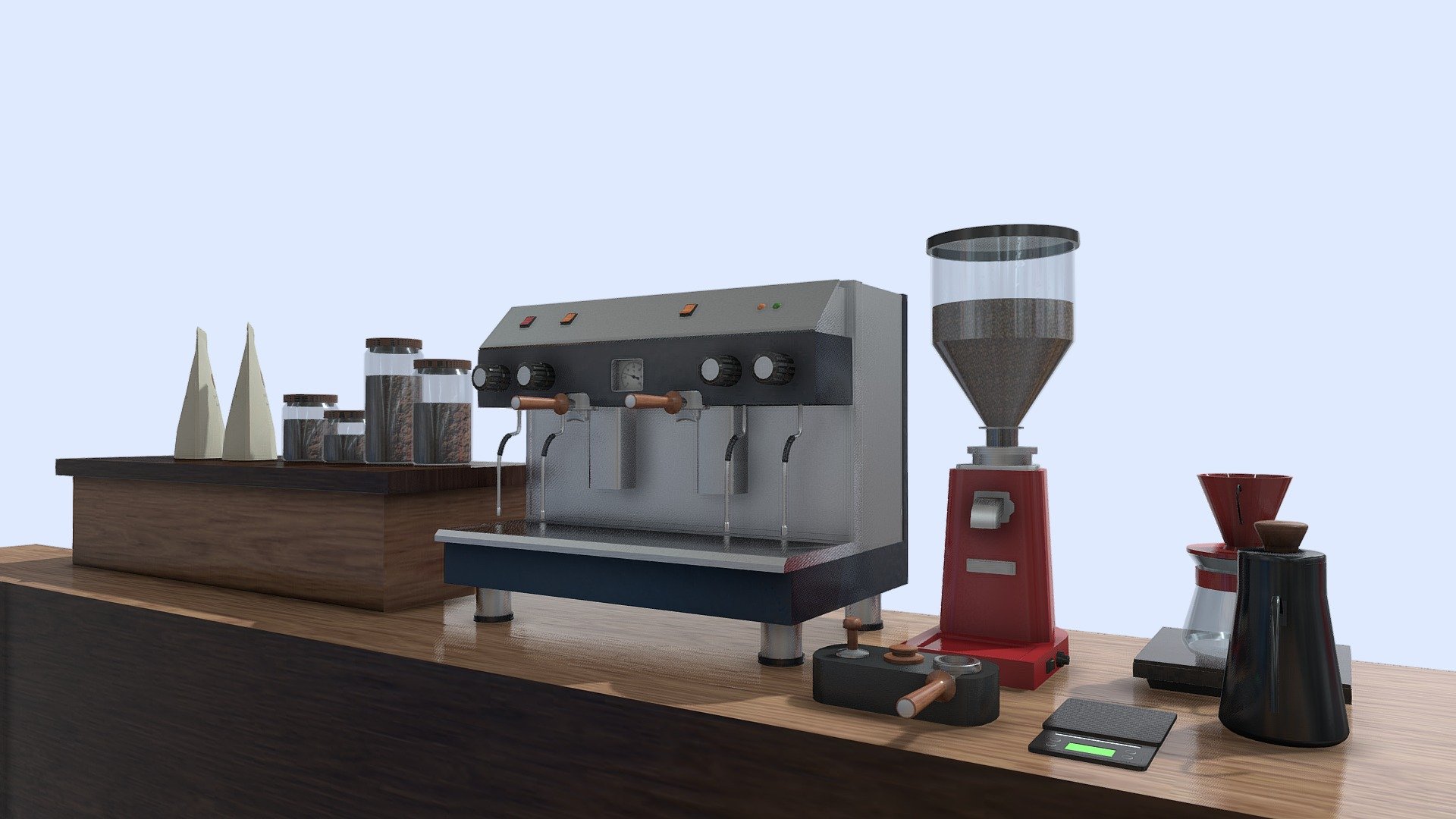 Low poly model ready for AR, VR and Video Games Espresso machine set and barista table PBR texture with 2K Resolution Model include: espresso machine, cahsier machine, debit machine, v60, coffee grinder etc Lowpoly model ready for Augmented Reality, Virtual Reality, and Video Games - Barista Bar Espresso Machine set - 3D model by cuankiproduction 3d model