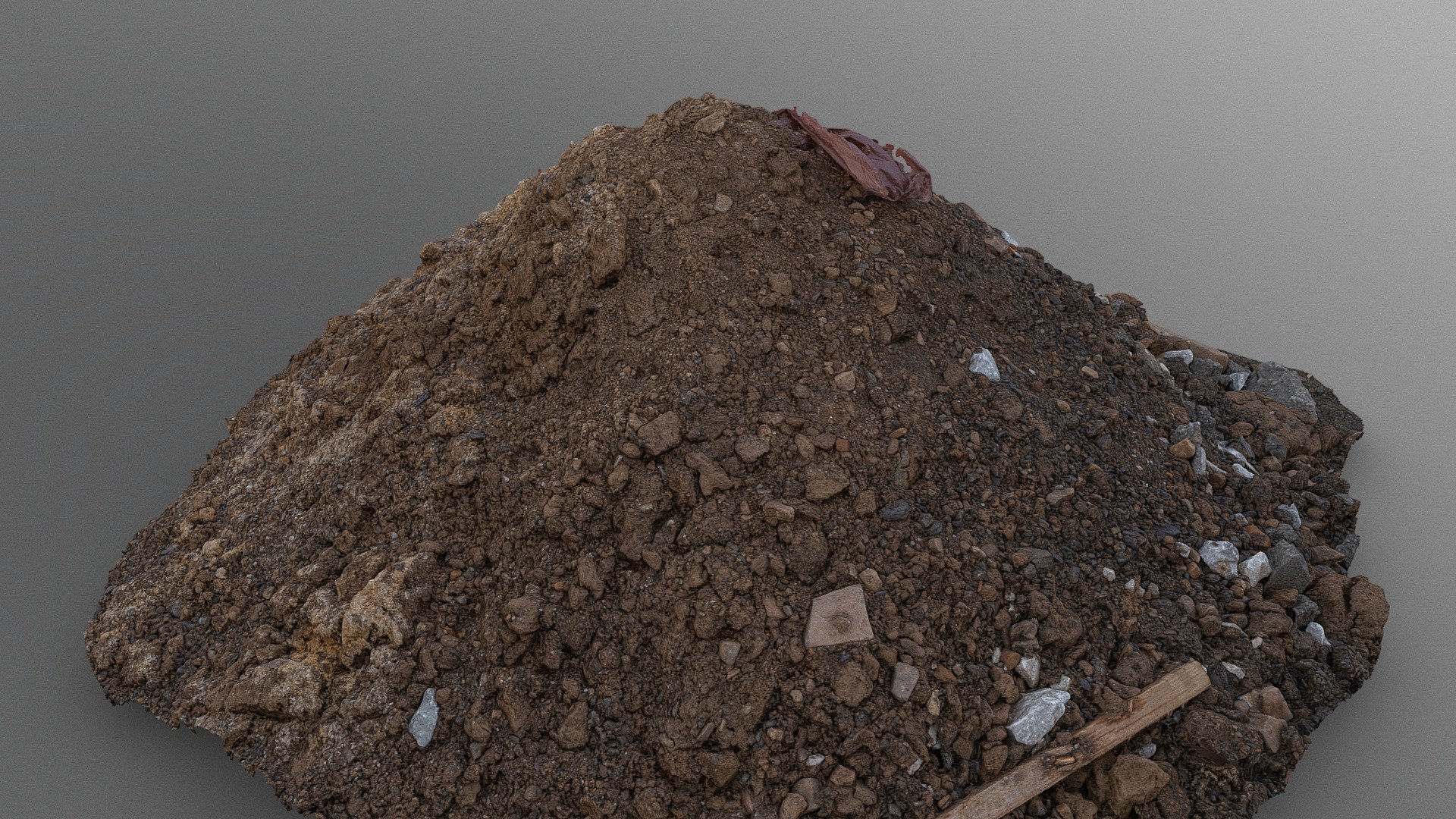 Pile of dark brown construction gardening soil mud land earth dirt heap pile mound, freshly dug, with some wet soil and plastic foil on top

Photogrammetry scan 120x24MP, 2x16K texture + HD Normals, isolated from ground, tif available as additional format download - Brown soil pile - Buy Royalty Free 3D model by matousekfoto 3d model
