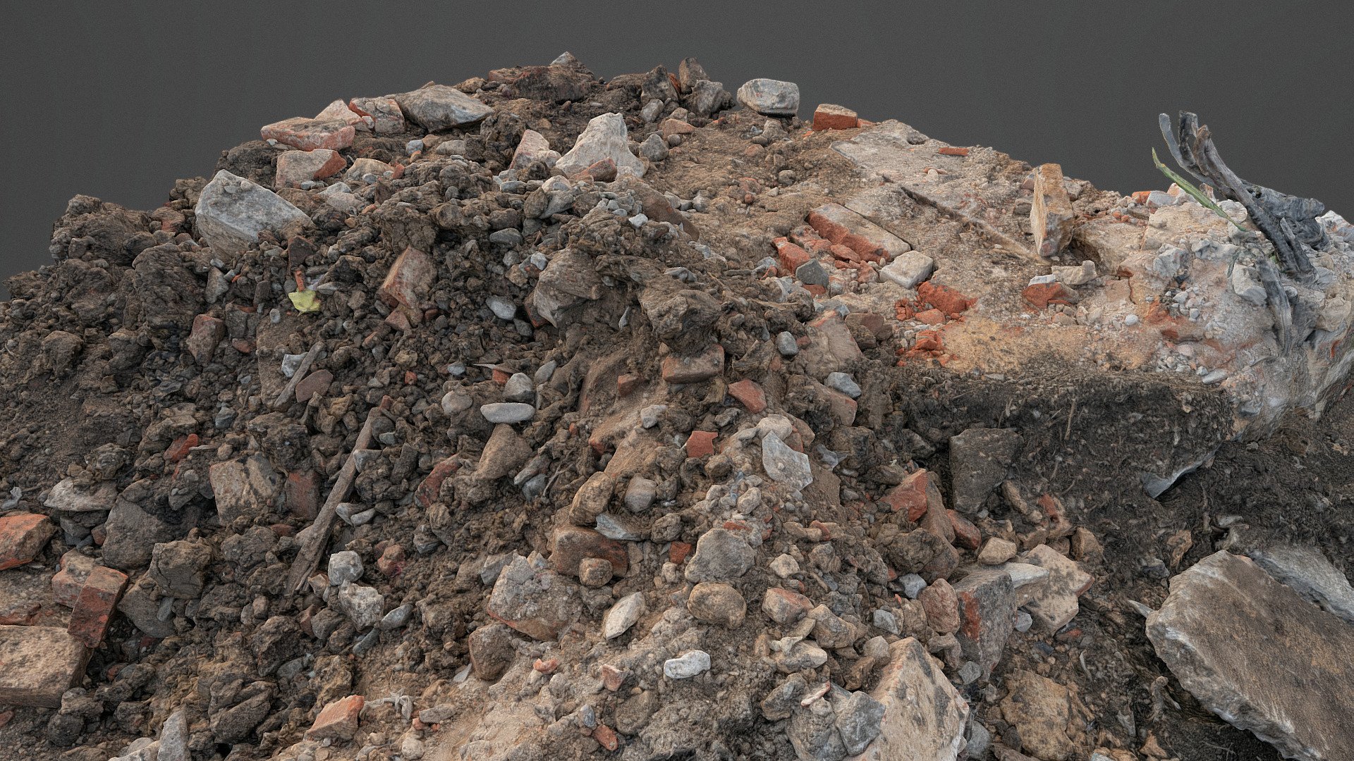 Destroyed concrete construction debris demolition ruin house wall junk pieces construction chunks, bricks and stones and some remains of cables

Photogrammetry scan 240x24MP, 3x8K texture - Ruined construction debris with cables - Buy Royalty Free 3D model by axonite 3d model
