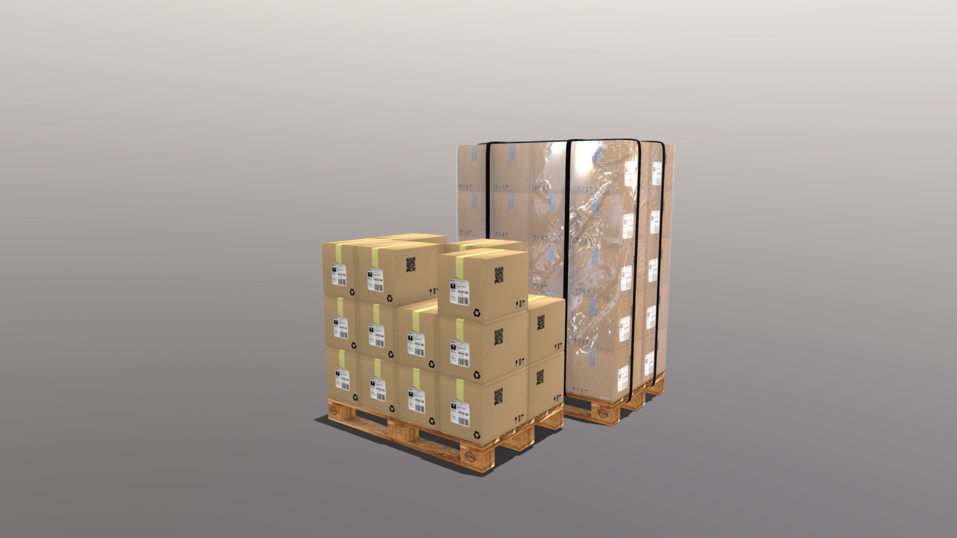 Pallet EUR-EPAL 1200x800x144. EUR1 ISO1. 
Box 400X300X300. 
The model can be used to design and visualize the arrangement of equipment in the workshop. 
Preparing presentations on the topic of production organization Modeling of material flows within production. 
We greatly appreciate you choosing our 3D models and hope they will be of use. 
We look forward to continuously dealing with you 3d model