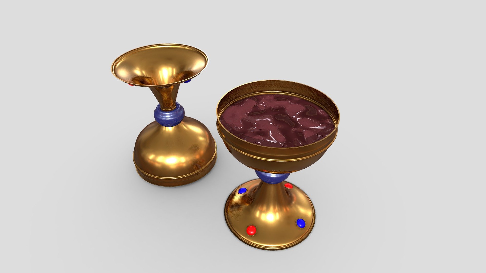 Gold Graal from Arthurian legend. Decorated with ruby and sapphire and filled with wine (or blood) 3d model