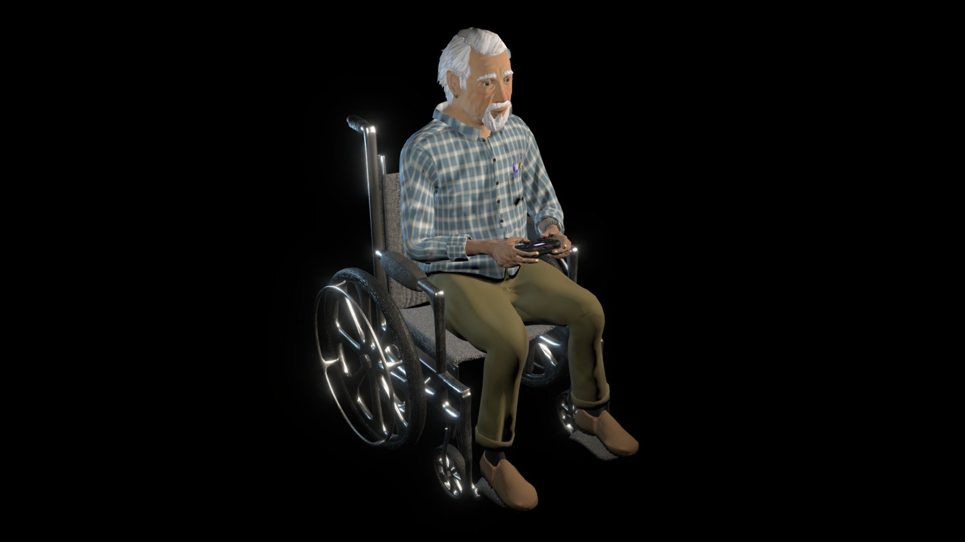 This old man holds a remote controller for playing with his inventions. His disability doesn't allow him to do sport anymore, he seeks joy in creating movable toys 3d model