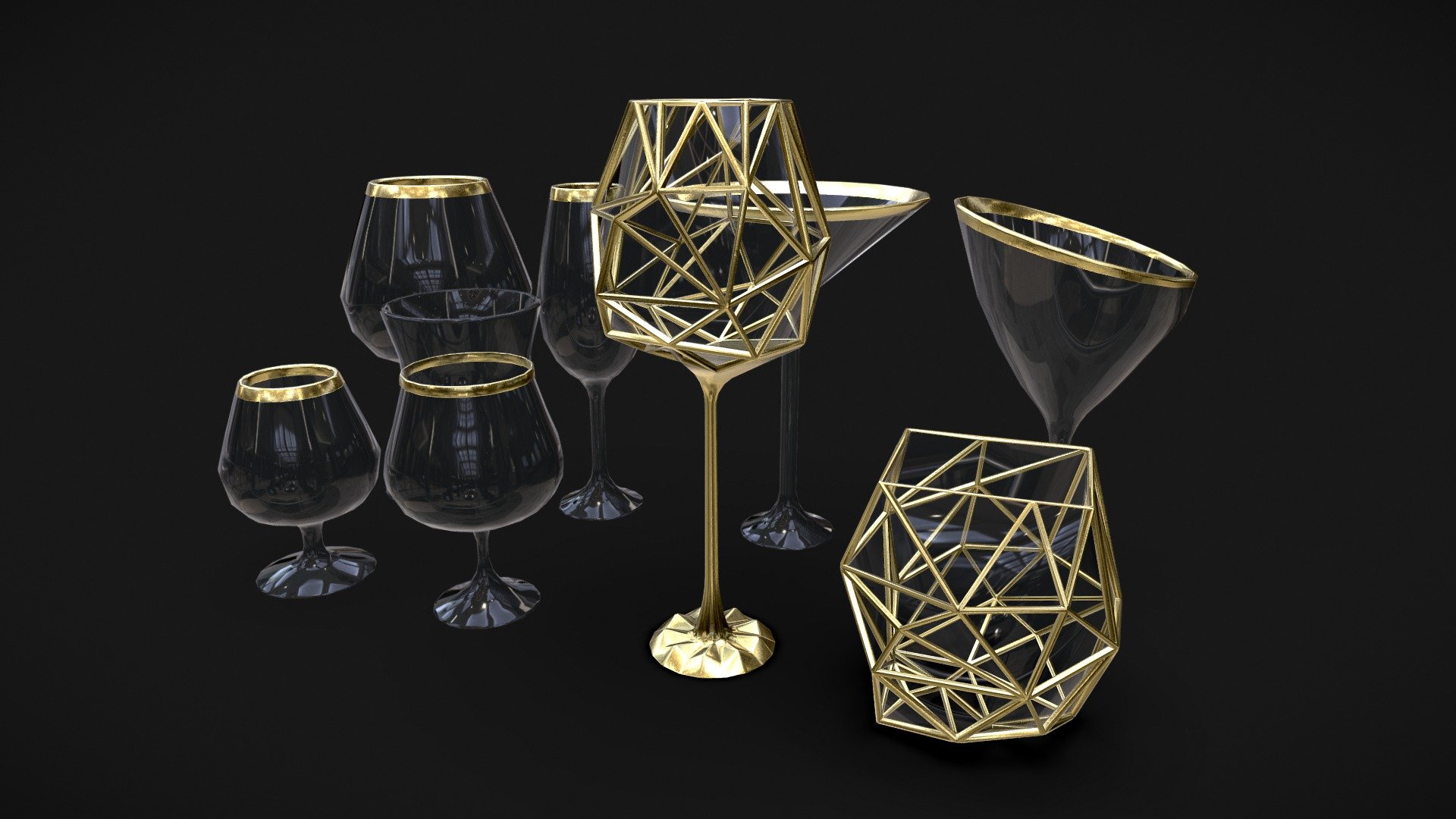 A small set of tableware, glasses for different drinks. Created for interior asset 3d model