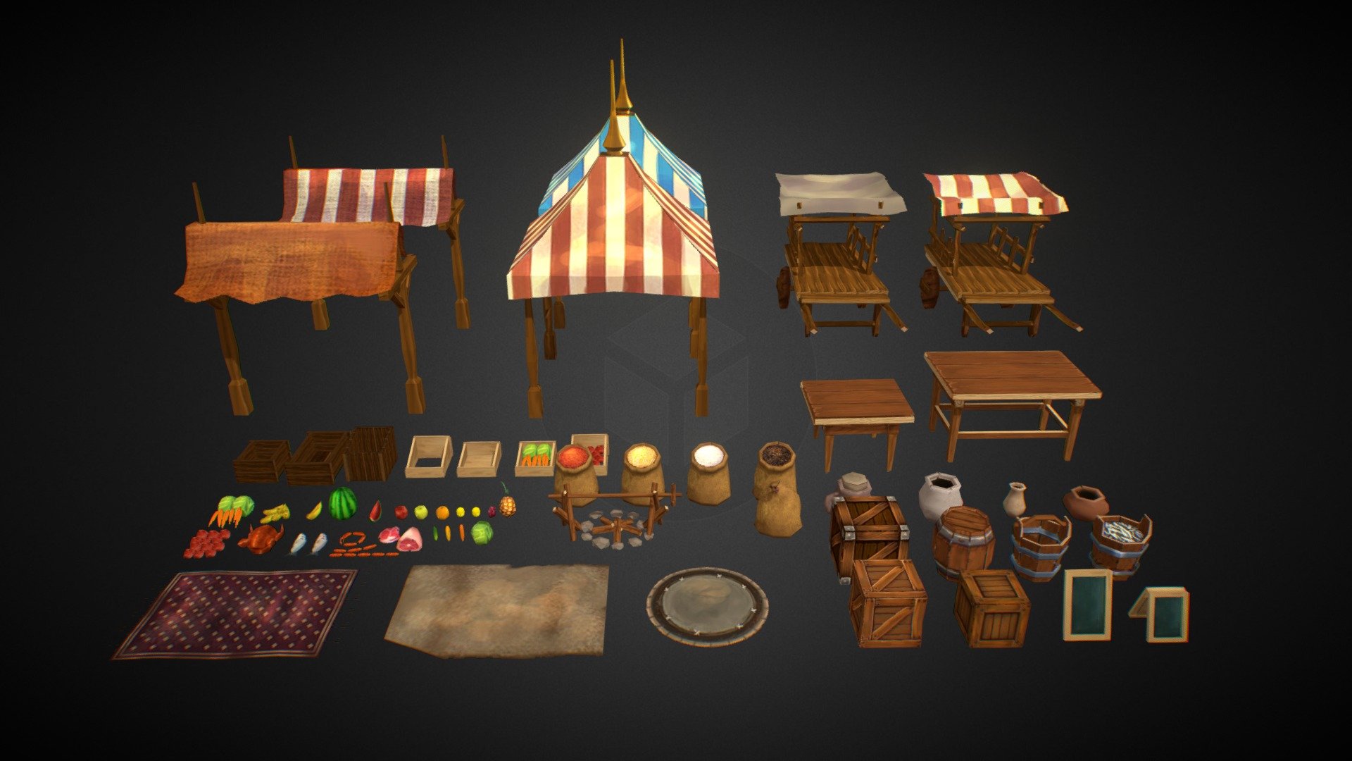 Liso Library Bazaar Bundle is a set of game assets/props for your market environment scenes. It's themed for medieval market scenes, where you can use the assets for your RPG adventure games. 

The texture is one single atlas, the atlas also available in 1024 and 512 resolution, with ambient occlusion, specular and normal maps included

Note:

This will be updated to include fbx files, for now it's only available in .blend format

What's Inside:
* 3 Carpets
* 3 Crates
* 1 Barrel
* 2 Buckets
* 2 Boards
* 4 Vases
* 5 Sacks
* Campfire
* 17 Fruits and Vegetables
* 8 Meats
* 7 Baskets
* 2 Tables
* 4 Tents
* 2 Carts - Liso Library Bazaar - Buy Royalty Free 3D model by bluezald 3d model