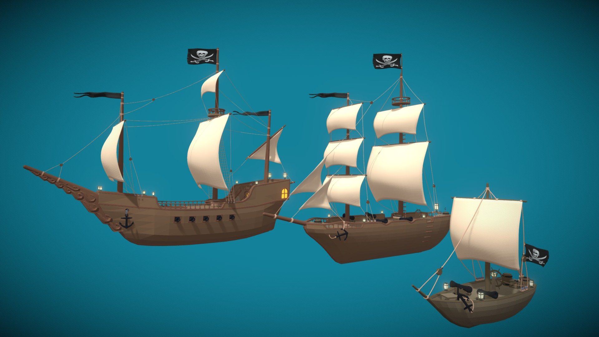 Low Poly pirate ship pack including 3 different ships in .FBX format, ready to use for Unreal Engine and Unity among others.

This pack includes the following ships:





Small ship (Sloop type)




Medium Ship (Brigantine type)




Large Ship (Galleon Type)



Also check out my other pirate / island themed assets: https://sketchfab.com/RagingRocket/models - Stylized Low Poly Pirate Ship Pack - Buy Royalty Free 3D model by Raging Rocket (@RagingRocket) 3d model