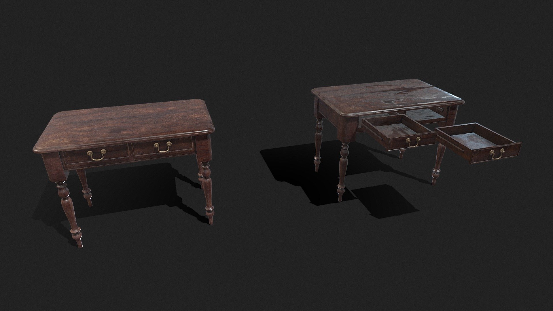 An vintage desk. The drawers are separated from the desk and openable.

It has 2 materials, one more dark than the other.

Both materials(Light and Dark) have 2048x2048 textures packs (PBR Metal Rough, Unity HDRP, Unity Standard Metallic)





PBR Metal Rough- BaseColor, AO, Height, Normal, Roughness and Metallic;




Unity HDRP- BaseColor, MaskMap, Normal;




Unity Standard Metallic- AlbedoTransparency, MetallicSmoothness, Normal;




Unreal Engine 4- BaseColor, Normal, OcclusionRoughnessMetallic;



The package also has the .fbx, .obj, .stl, .dae and .blend file 3d model