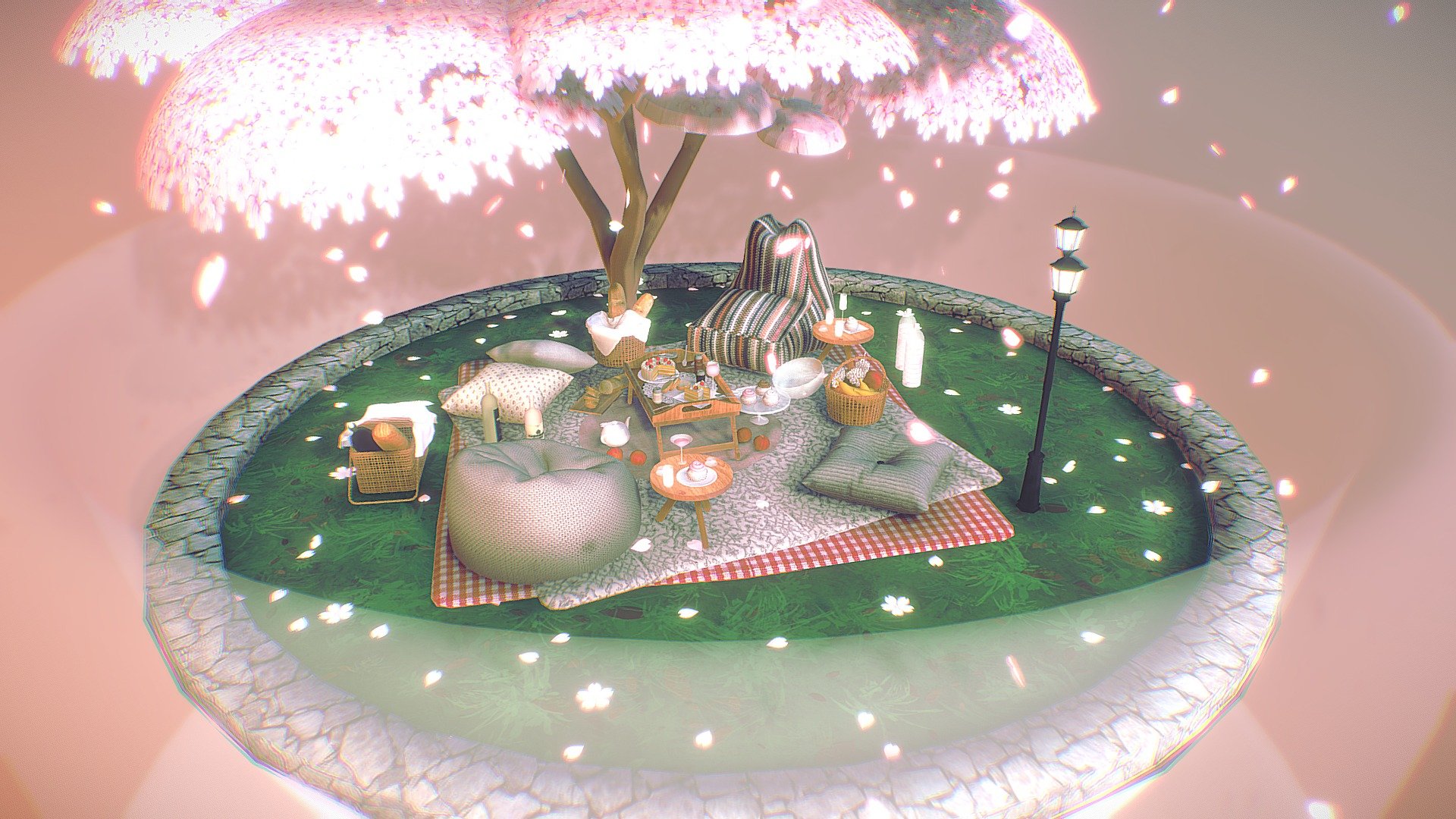 Small and cute spring picnic / Under the cherry blossom tree - Sakura Spring Picnic!! - 3D model by AA (@araland20041) 3d model