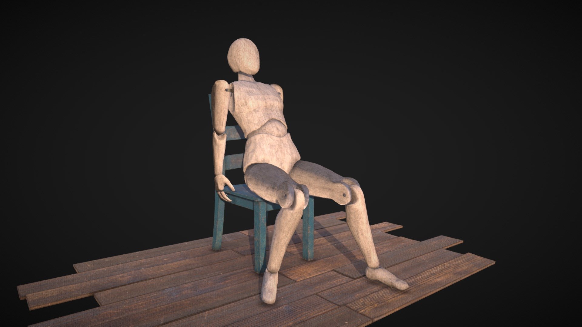 Another wooden doll creation. Just for fun and to help me practice lighting and animation stuff.

You can find renders of this asset here: https://www.artstation.com/artwork/OmEzyb - Wooden Mannequin on chair - 3D model by DudleyLong 3d model