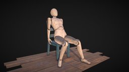 Wooden Mannequin on chair wooden, creepy, doll, mannequin, autodeskmaya, substancepainter, chair