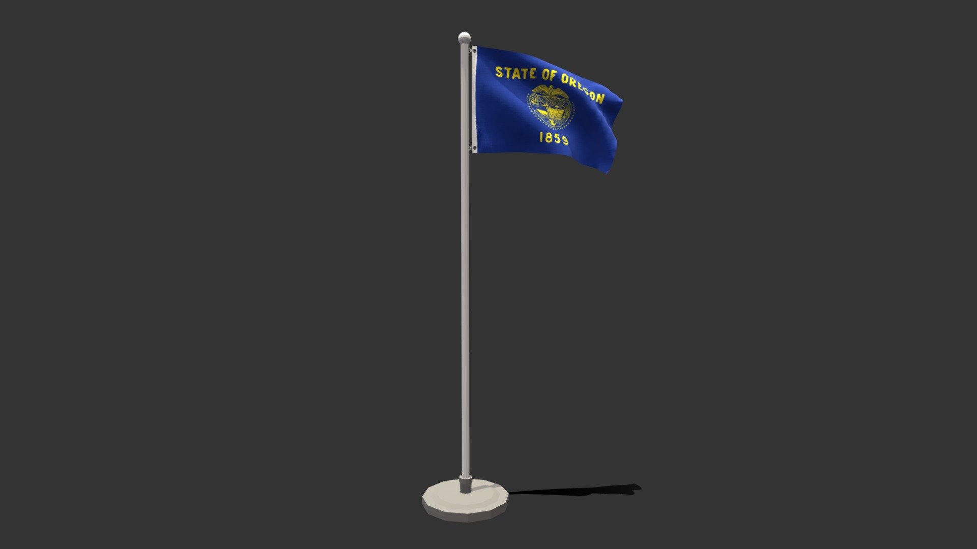 This is a low poly 3D model of an animated flag of Oregon state. The low poly flag was modeled and prepared for low-poly style renderings, background, general CG visualization presented as 2 meshes with quads only.

Verts : 1.416 Faces : 1.343.

1024x1024 textures included. Diffuse, roughness and normal maps available only for flag. The pole have simple materials with colors.

The animation is based on shapekeys, 248 frames and seamless, no rig included.

The original file was created in blender. You will receive a OBJ, FBX, blend, DAE, Stl, gLTF, abc.

****PLEASE NOTE Animation icluded only in blend, FBX, abc and glTF files.

Warning: Depending on which software package you are using, the exchange formats (.obj , .dae, .fbx) may not match the preview images exactly. Due to the nature of these formats, there may be some textures that have to be loaded by hand and possibly triangulated geometry 3d model
