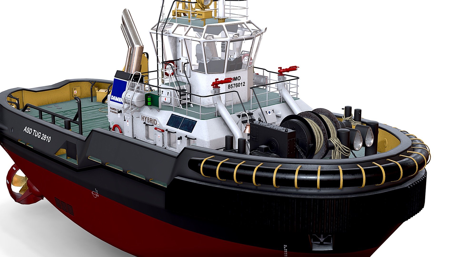 A beautiful 3D models prepared with care for details and hardware performance!
High resolution and fully detailed Harbour Tug . Modeled correctly scaled from original blueprints, enough detail for close-up renders.

Features: Original file format - 3dMax, Maya To all objects and materials in a scene names are appropriated; Real world size; Coordinates of the location of the model in space (x0, y0, z0); Files with the model does not contain extraneous or hidden objects (lights, cameras, etc.); Photo-realistic model; Model ready for animation.

ASD Tug 2810 HYBRID
Bollard pull max (tonnes) 60
Length (meter) 28.67
Power total (BKW) 3730
Speed max (kts) 13.4
Beam (m) - 10.43

If you have questions about my models or need any kind of help, feel free to contact me and i'll do my best to help you 3d model