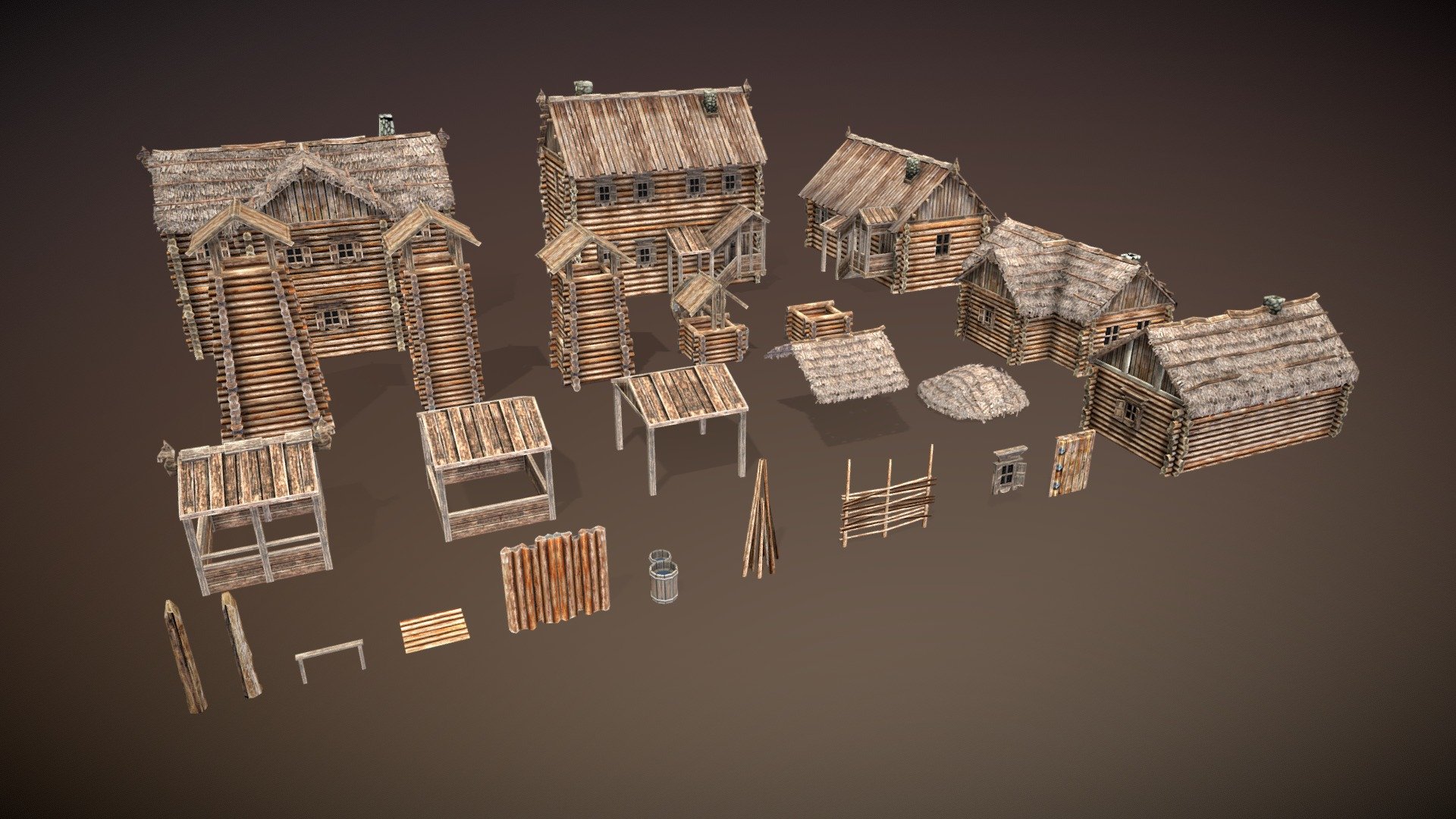 Low poly wooden village object pack 3d model