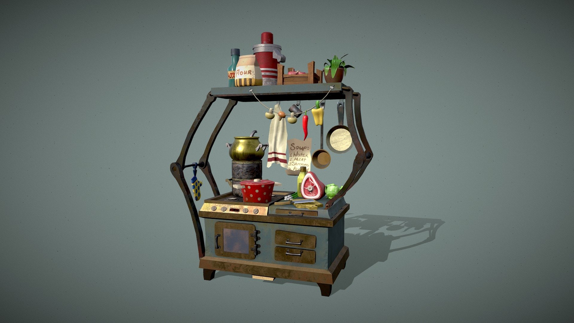 Stylized kitchen and props based on Evgeny Berezovsky concept.
It was really interesting to work with such a different materials in one scene) - Stylized Kitchen - 3D model by Dasha Klyusova (@AnoFail) 3d model