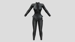 $AVE Female Black Leather Corset Jacket & Pants leather, club, , fashion, urban, girls, jacket, top, long, clothes, pants, with, coat, shiny, rider, rivets, sleeves, casual, womens, outfit, wear, corset, belts, pbr, low, poly, female, black, studded, peplum