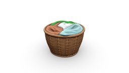 Low Poly Laundry Basket room, time, basket, medieval, rattan, clothes, with, ready, furniture, colonial, dirty, old, villager, laundry, peasant, utility, asset, game, pbr, low, poly