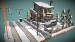 Low Poly Winter Scene scene, snowman, winter, snow, cabin, nature, cold, low-poly-model, pinetree, streetprops, winter-environment, house, usa, car