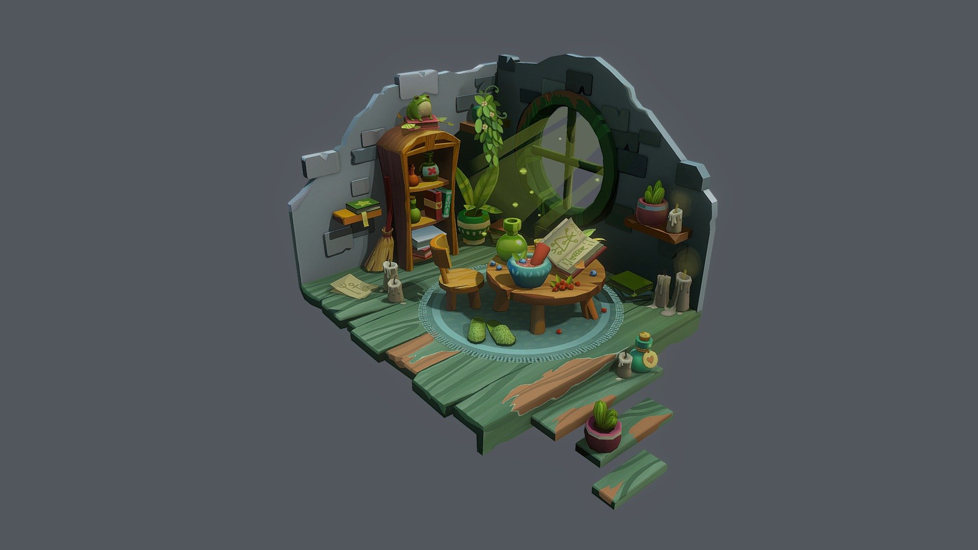 Stylized Room of the Forest Healer Hand Painted,
Modeled in Maya+Zbrush,
Painted in Photoshop + Substance Painter,
Concept by Anna Novikova 3d model
