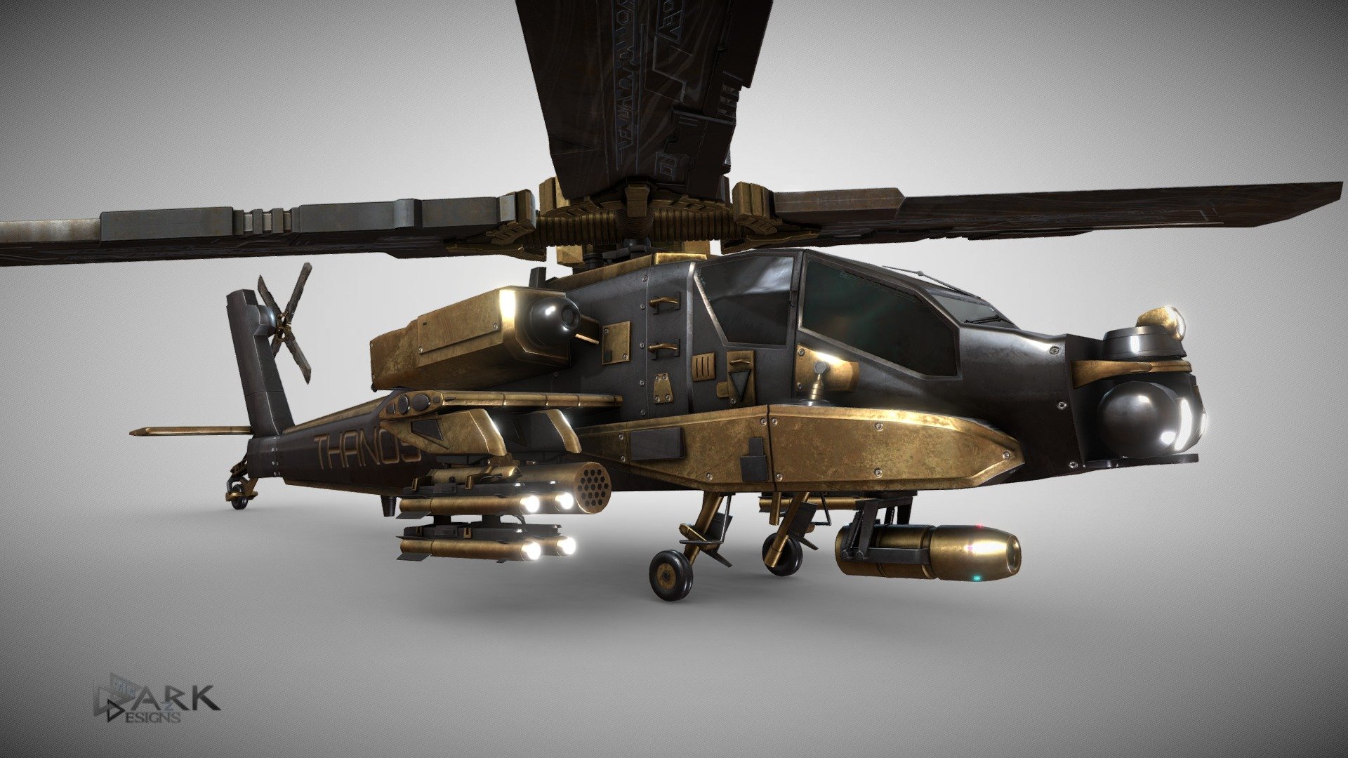 Thanos, the mightest of heroes needed a chopper in the Comic books, so i decided to give it a bit of a newer look by infusing it with the base of the Apache AH-64, adding his signature swords from Avengers: Endgame and a little infinity canon (with only 5 gems, can't have him win by default) - Thanos Chopper - 3D model by dark-minaz 3d model