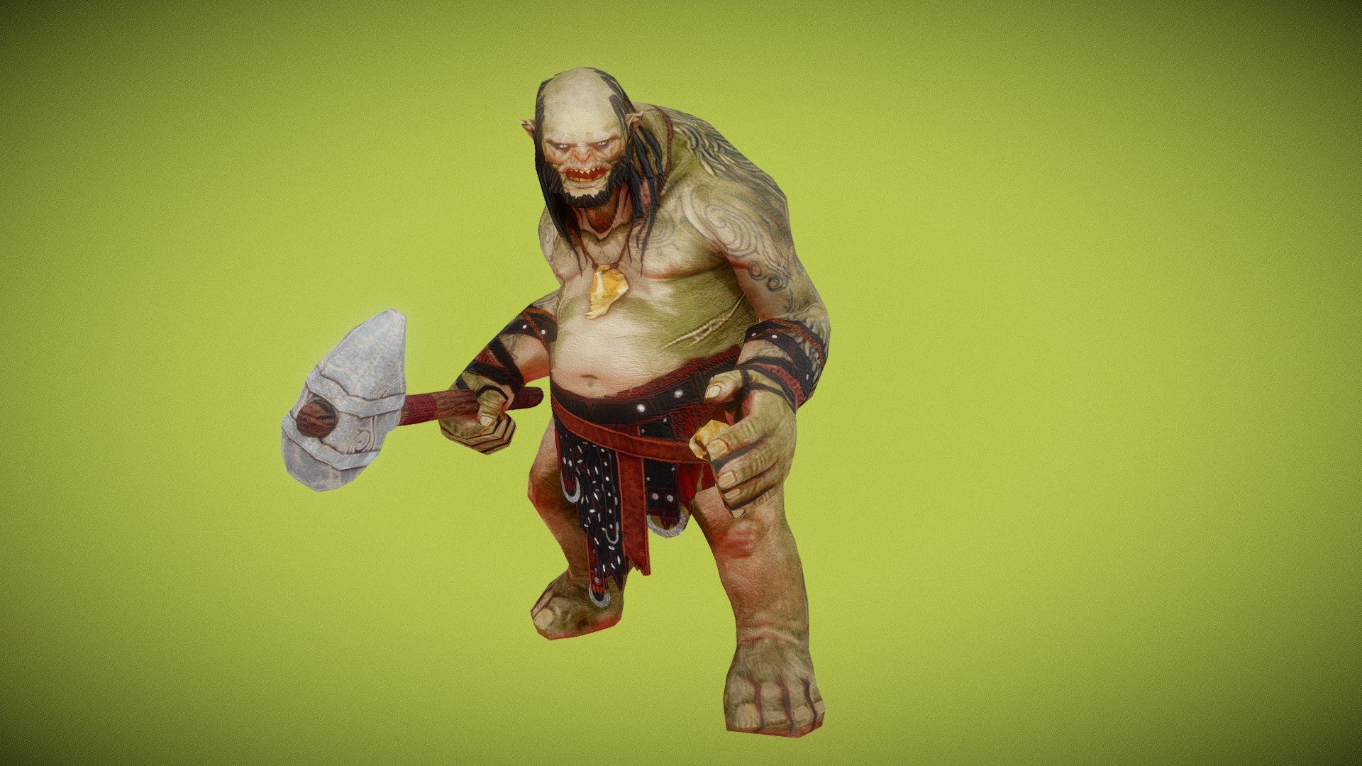 Lowpoly model of Cave troll,game ready,rigged, Design inspired by warceaft &amp; Lord of the Rings universes. PBR textures. Include weapons and nude mesh. Ready to import into various game engine like UE4 and Unity. Include nude meshes This character would work well as an NPC, a rank-and-file enemy, or a boss for a fantasy game. This character is of different proportions than the standard Epic Skeleton. The visualization of this character was done in Blender, Substance Painter. The rendering result in other versions with different settings may vary.

+animations unique animations: Idle, Light attack, Critical attack,Death,scary scream,victory.

+Total poly count for each body version (include weapons)

+Rigging use FBX skin. Full body rig and basic facial rig.

+PBR textures (Metallic-Roughness) . DirectX Normal Maps. .PNG format.

Let me know if you have any questions, I’ll be glad to help! - Cave Troll skin 4 - Buy Royalty Free 3D model by Luna Studio (@StudioLuna) 3d model