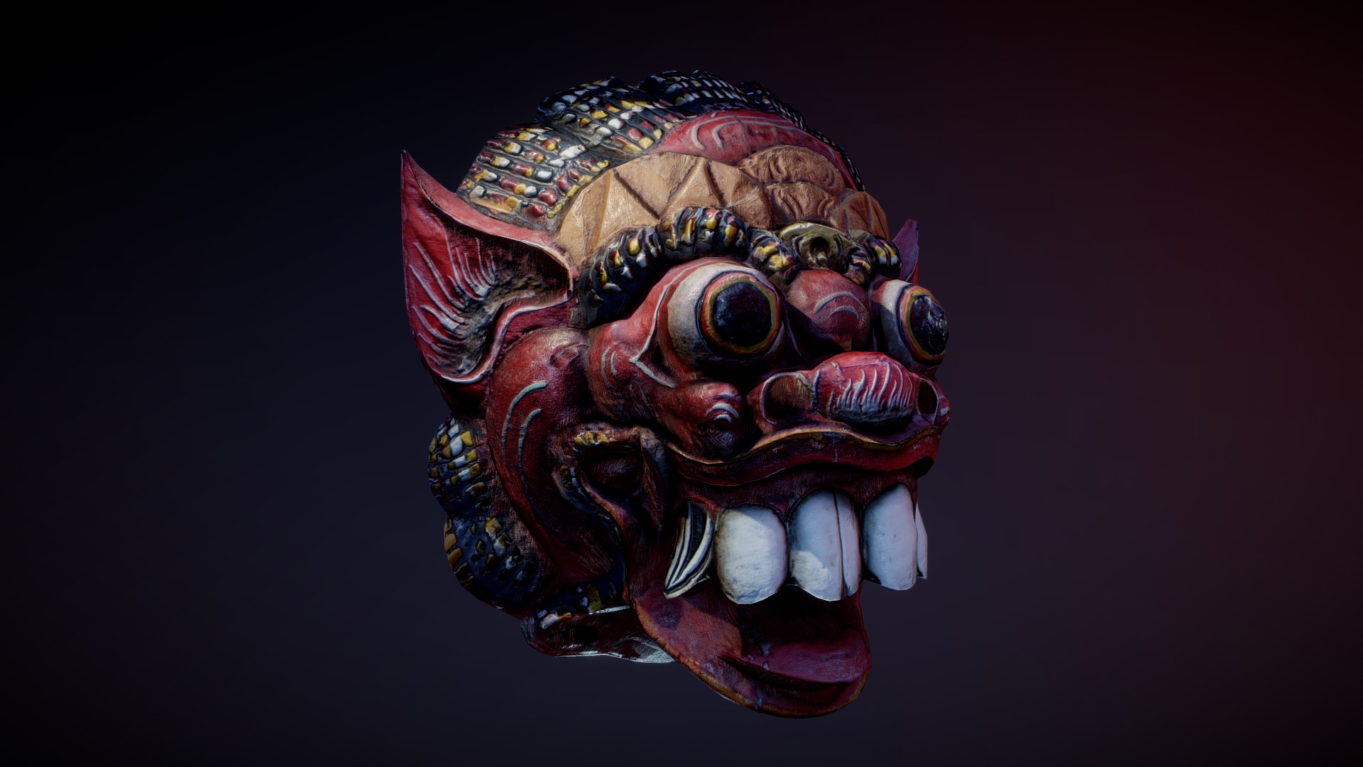 Lowpoly model of indonesian mask founded on scan from MGD Films:https://skfb.ly/6Lnzv

Game textures size — 512x512;

Original hi-rez 2k textures are also included. You’re looking at 2k textures now;

Texel size — 32 ppi (1260 pixels per meter);

PBR texturing;

Tris cound — 2448;

Unreal Engine files included; 

No LODs; - Indonesian Mask - 3D model by NineAssets 3d model